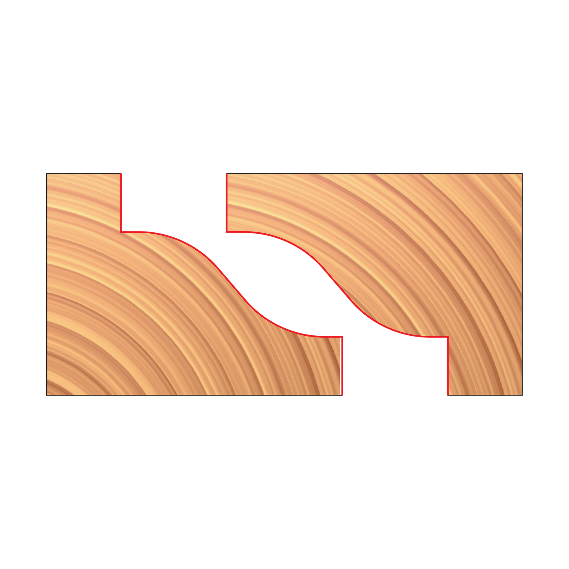 Pair of matched reverse detail router cutters with curved profiles shown in cross-section view on wood grain background.