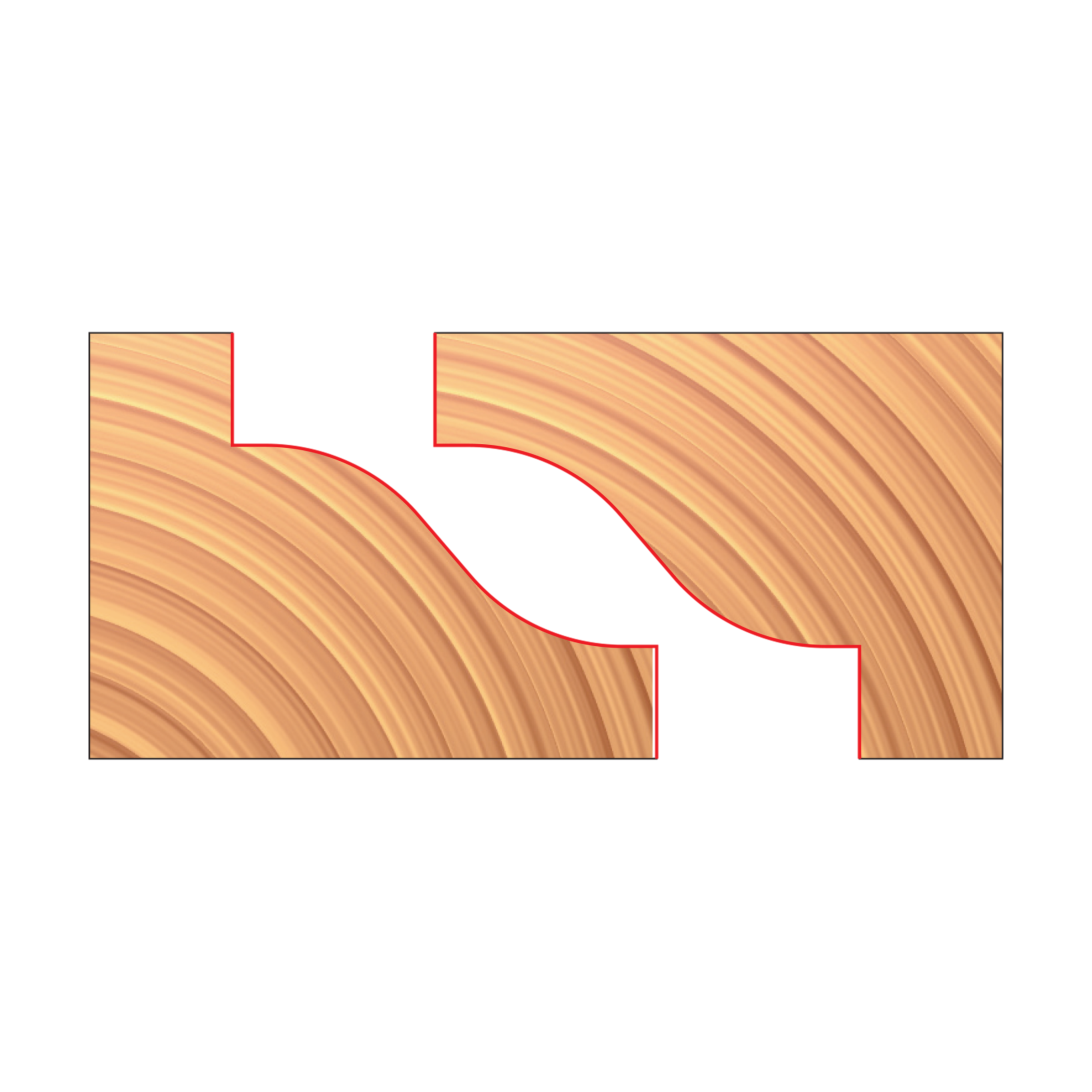 Pair of matched reverse detail router cutters with curved profiles shown in cross-section view on wood grain background.