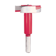 Red and silver Forstner bit with flat cutting head and cylindrical body with center point.