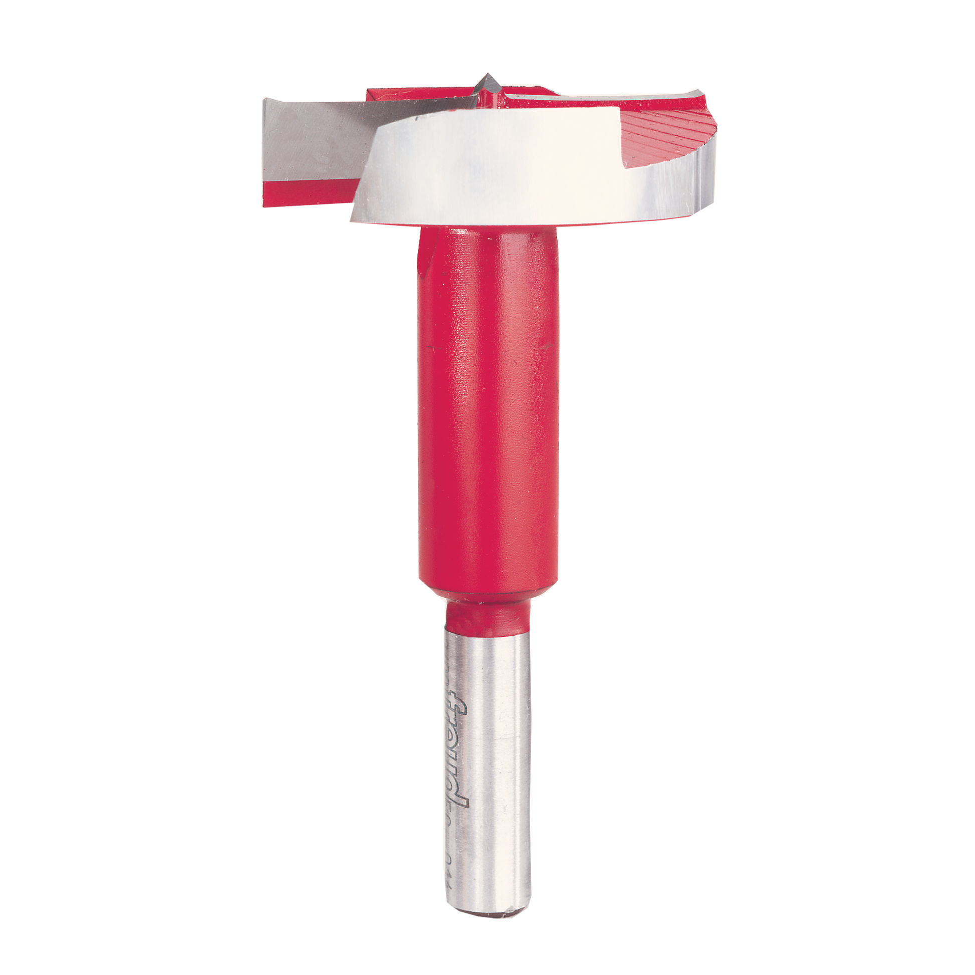 Red and silver Forstner bit with flat cutting head and cylindrical body with center point.