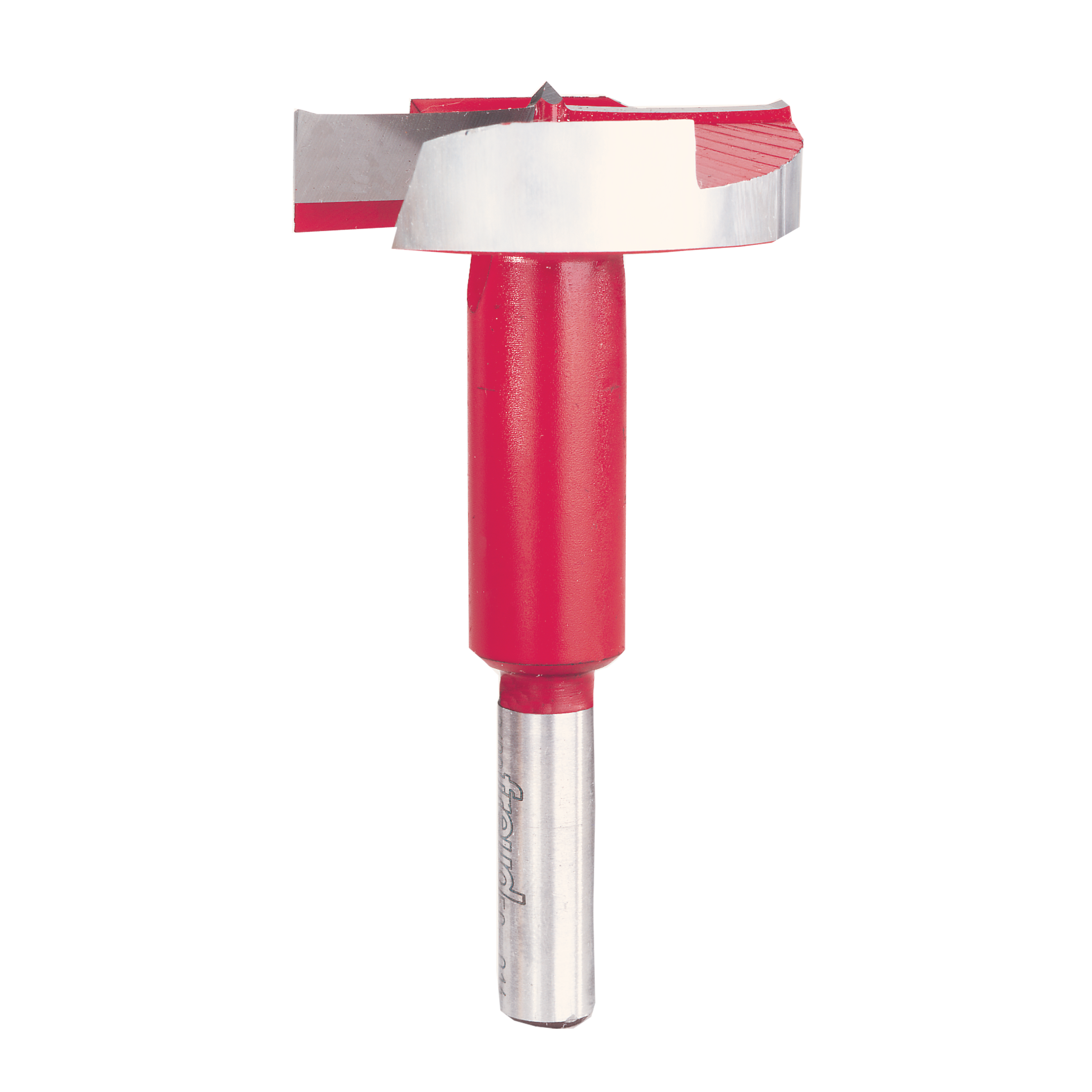 Red and silver Forstner bit with flat cutting head and cylindrical body with center point.
