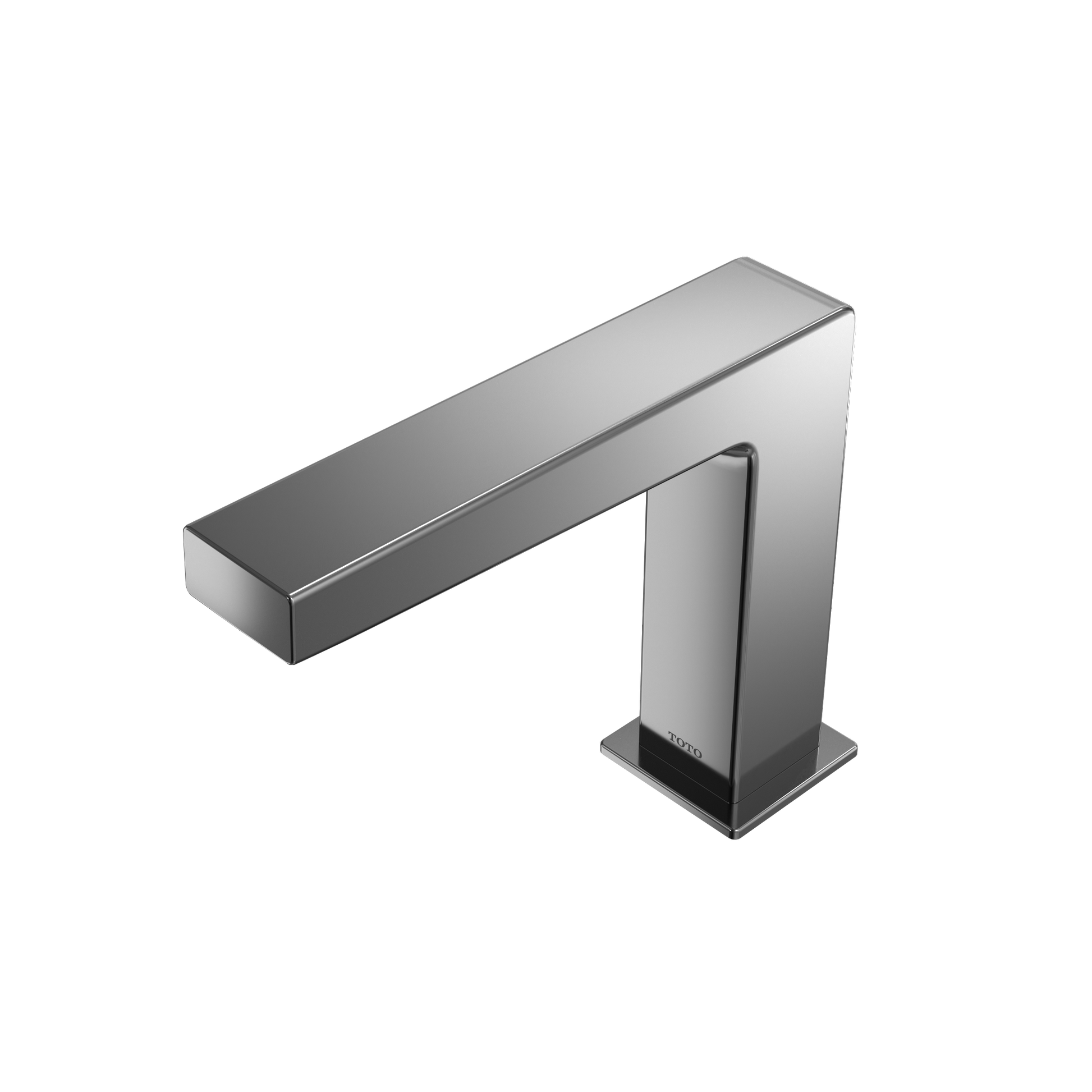 Polished chrome touchless bathroom faucet with rectangular spout and vertical sensor base.