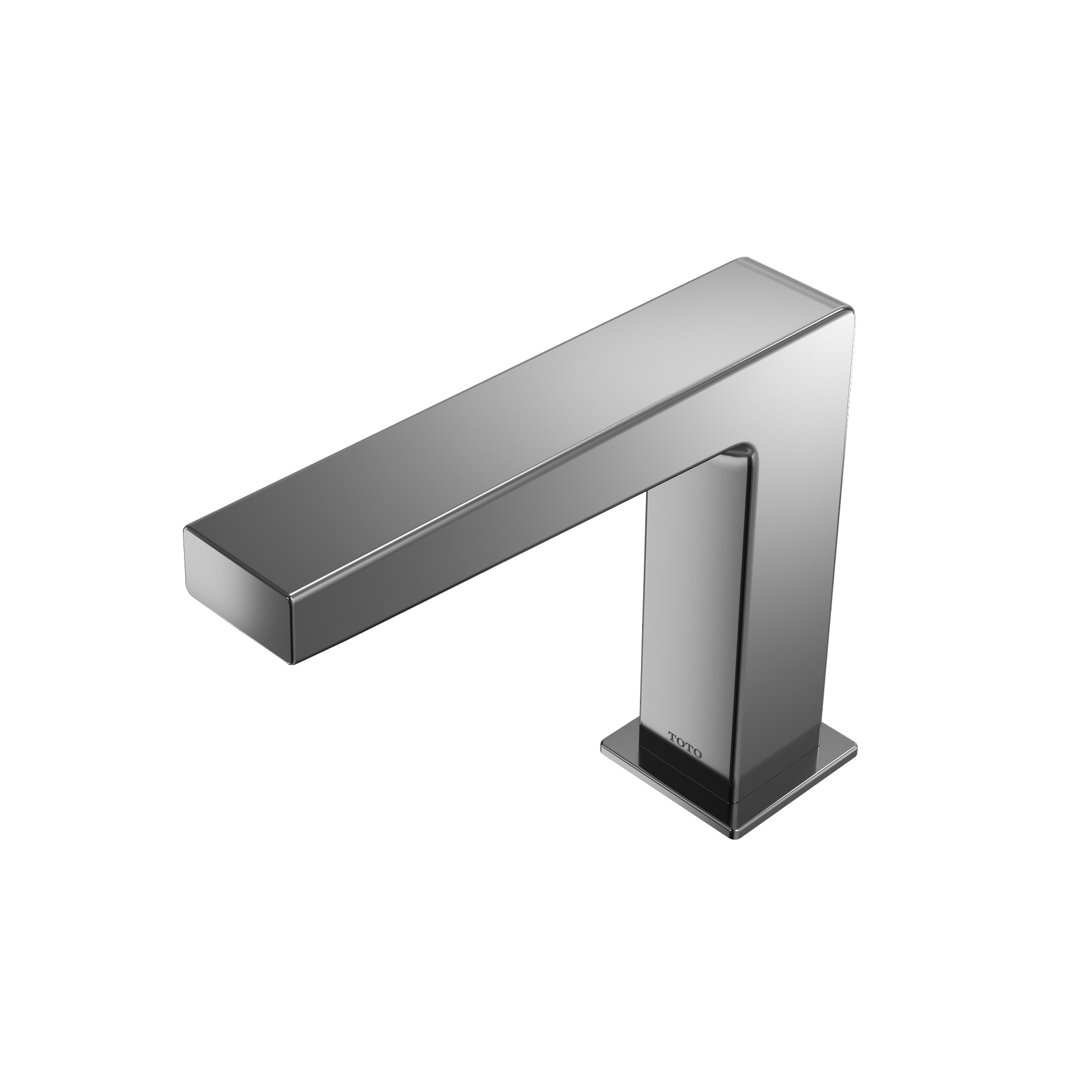Polished chrome touchless bathroom faucet with rectangular spout and sensor base.