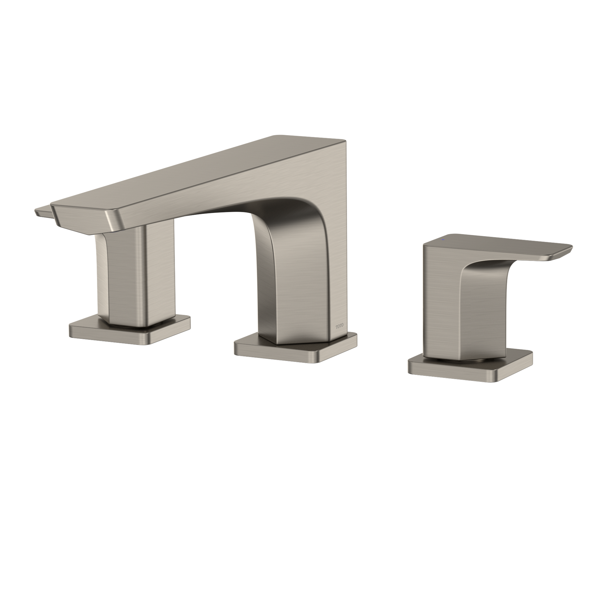 Brushed nickel two-handle deck-mount roman tub filler with curved spout and squared handle bases.