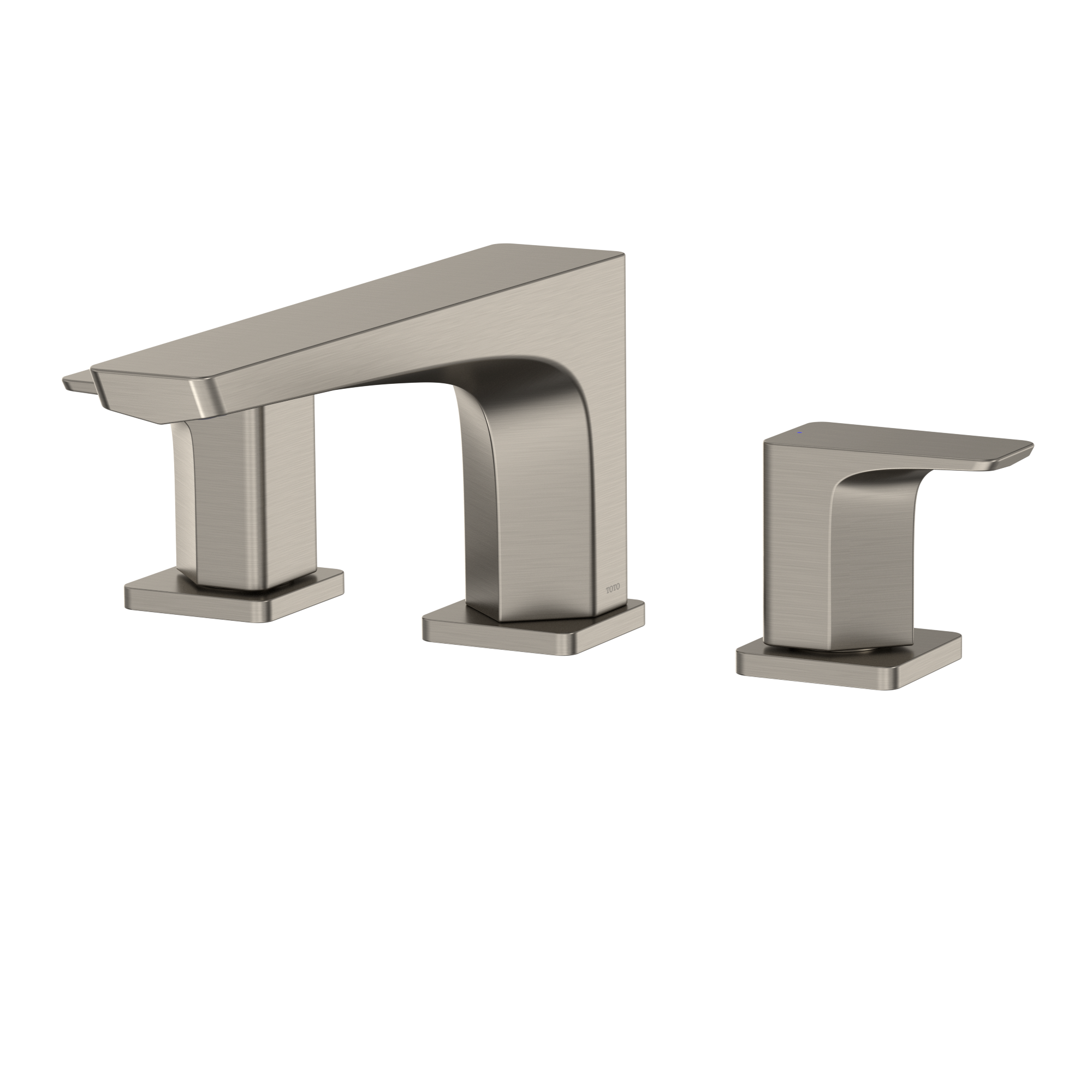 Brushed nickel two-handle deck-mount roman tub filler with curved spout and squared handle bases.