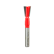 Red and silver dovetail router bit with angled cutting edges at the top and metal shank.