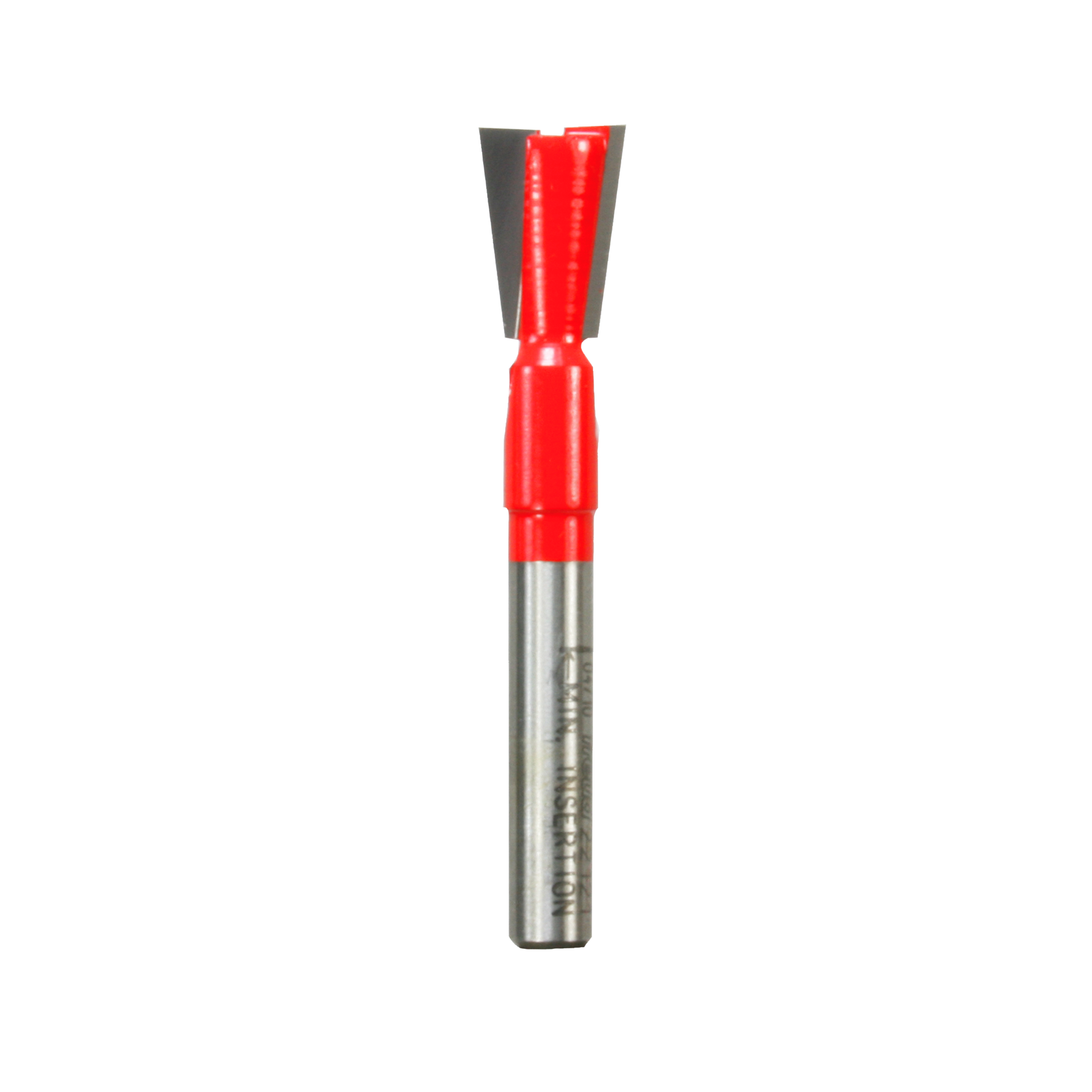 Red and silver dovetail router bit with angled cutting edges at the top and metal shank.