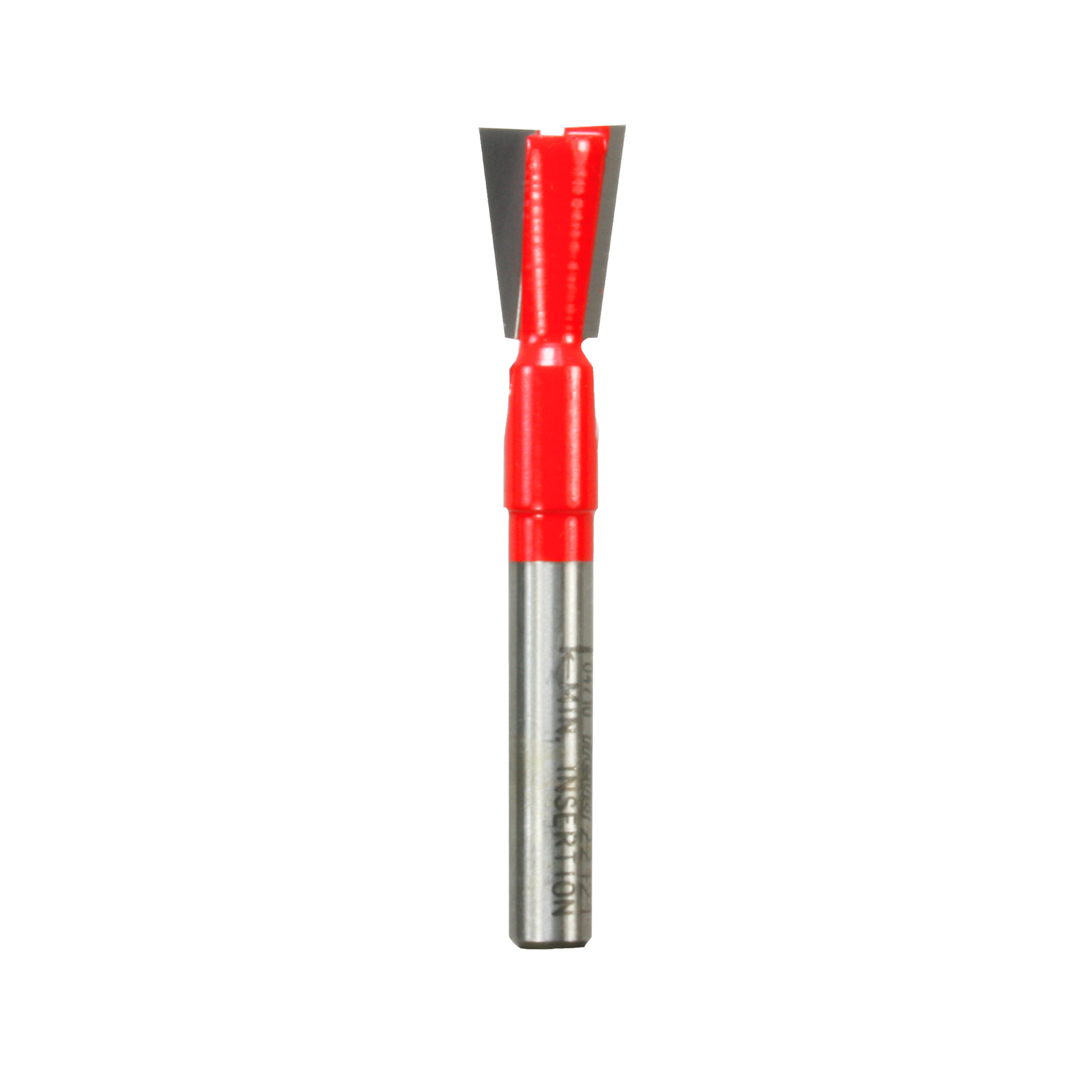 Red and silver dovetail router bit with angled cutting edges at the top and metal shank.