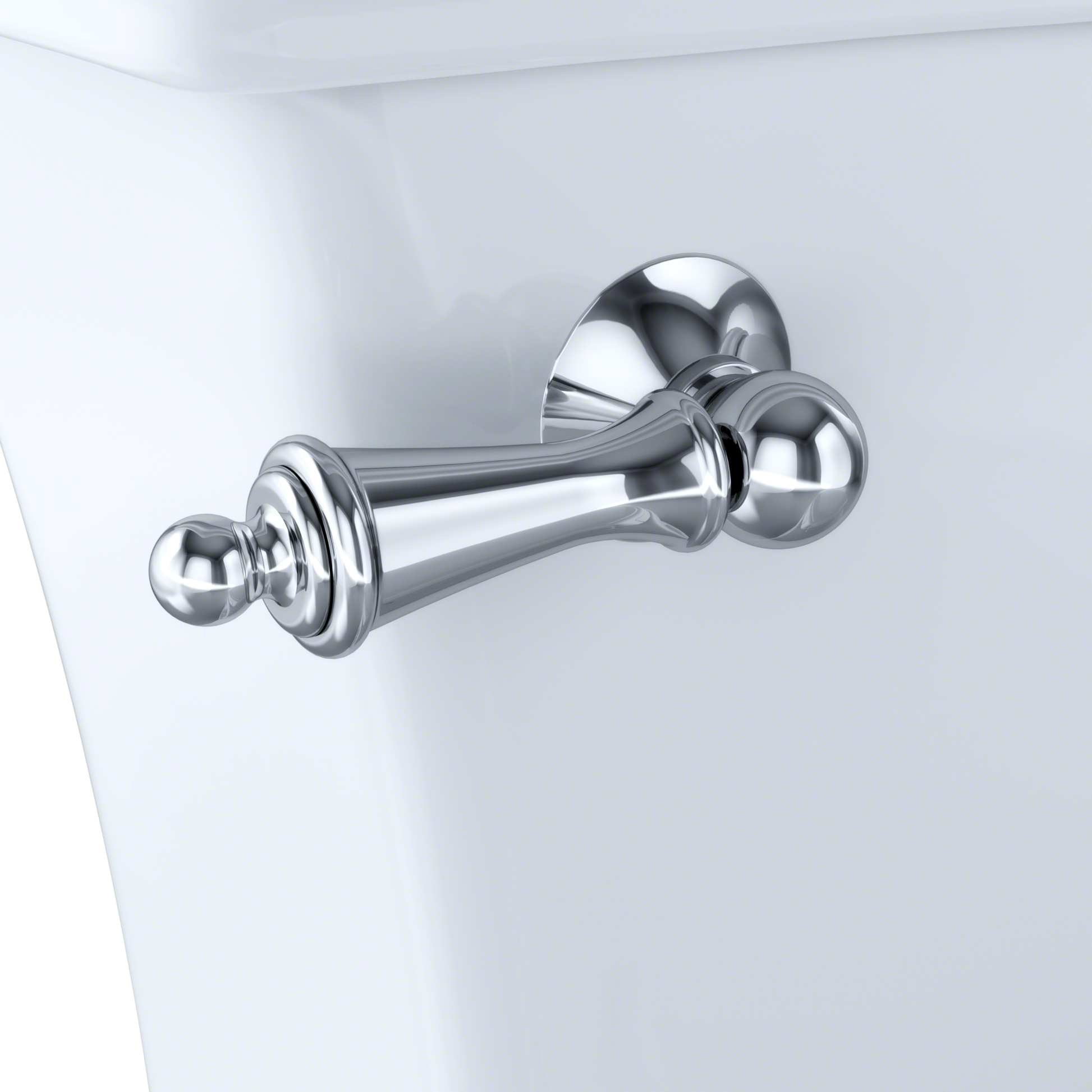 Polished chrome toilet trip lever with spherical handle mounted on white tank.