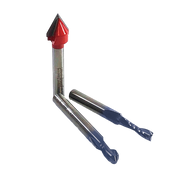 Three router bits with red pointed tip and two blue cutting heads with silver shanks.