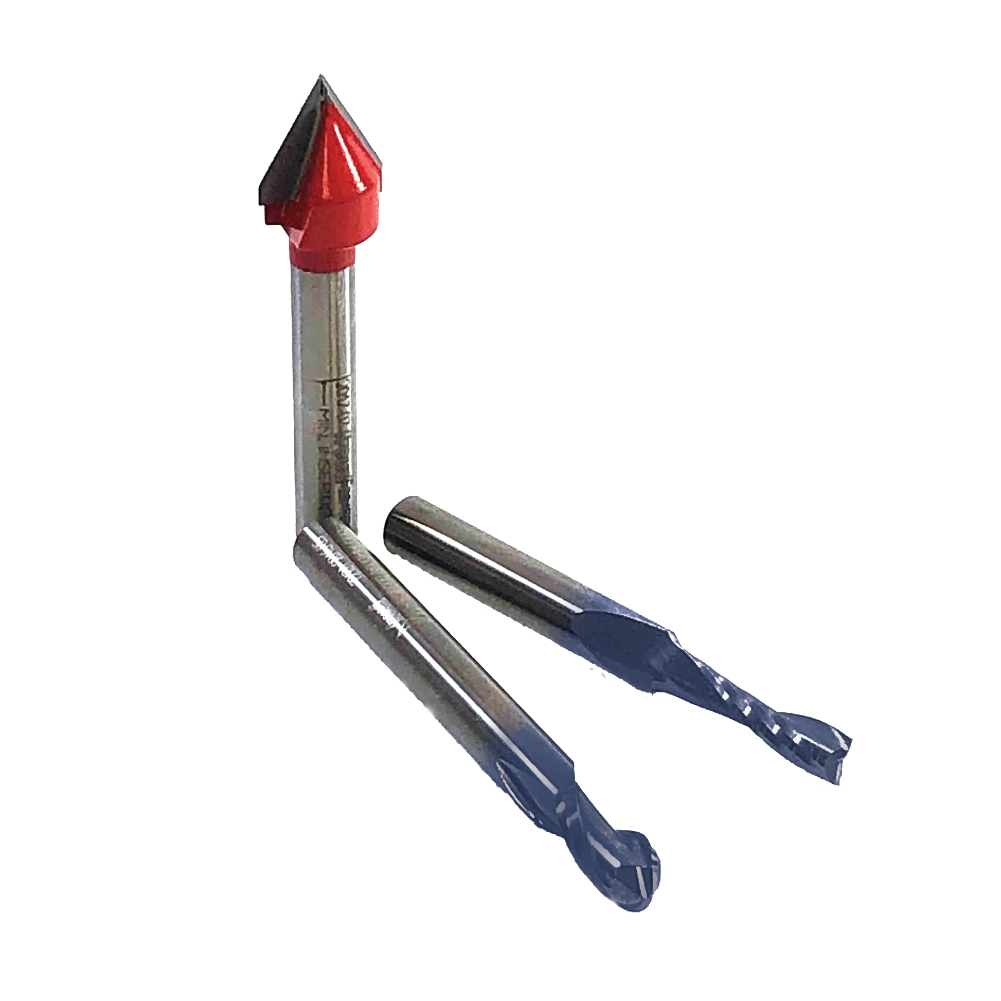 Three router bits with red pointed tip and two blue cutting heads with silver shanks.