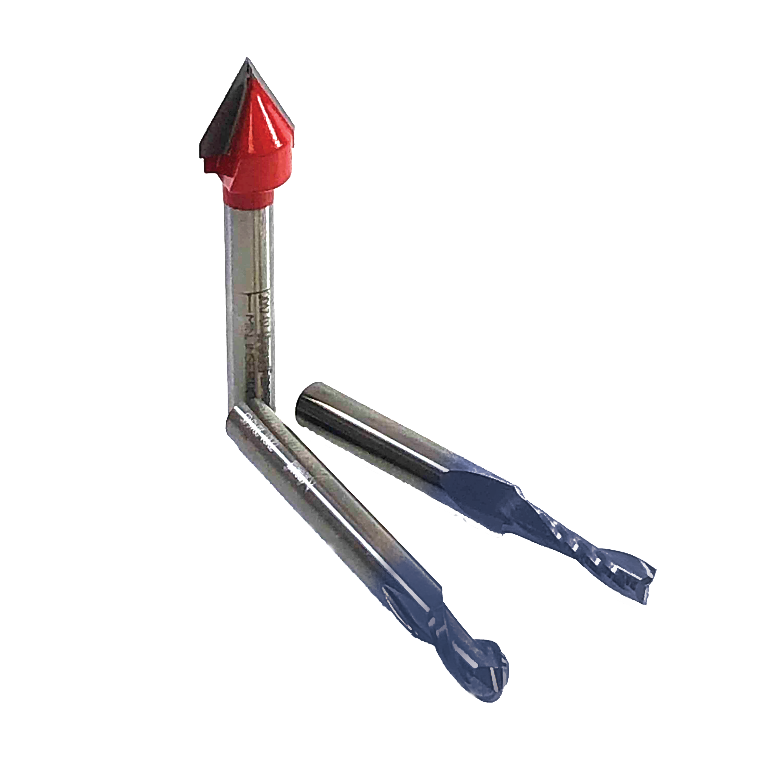 Three router bits with red pointed tip and two blue cutting heads with silver shanks.