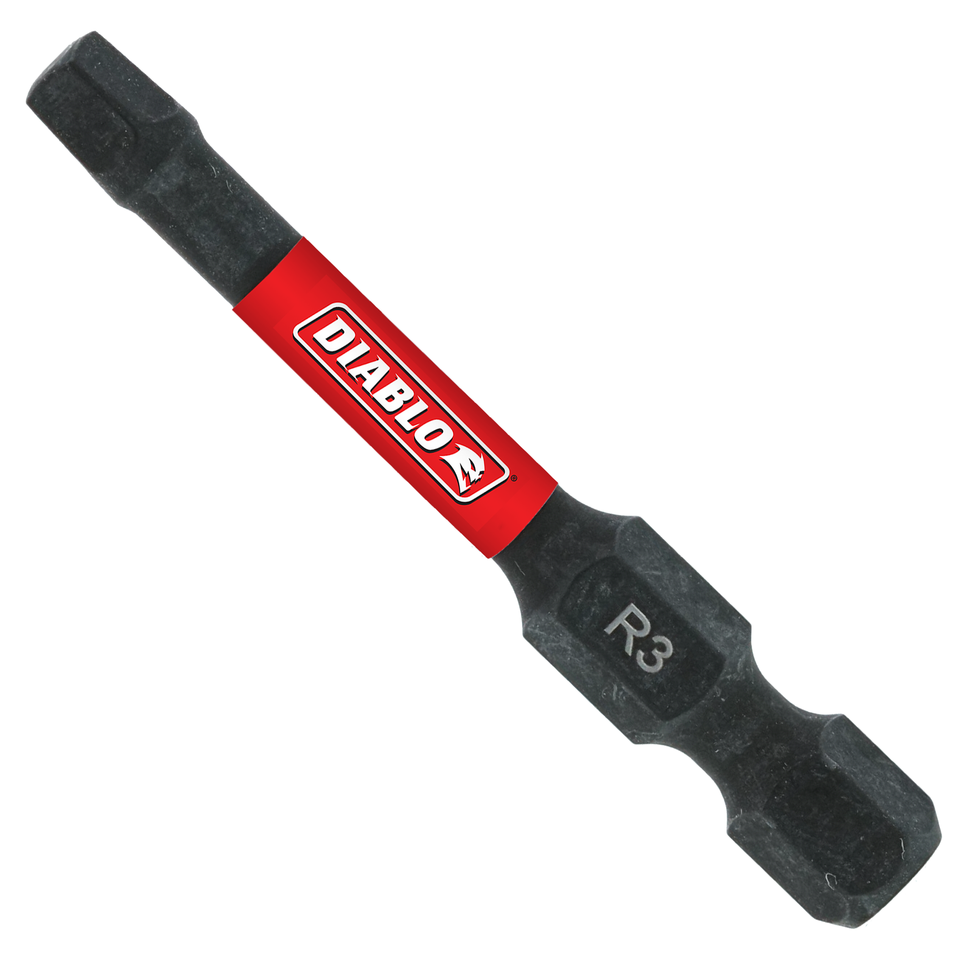Black and red Diablo double-ended screwdriver bit with square drive tips and red band labeled "DIABLO" in center.