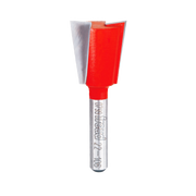 Red and silver dovetail router bit with angled cutting edges and cylindrical shank marked "Freud."
