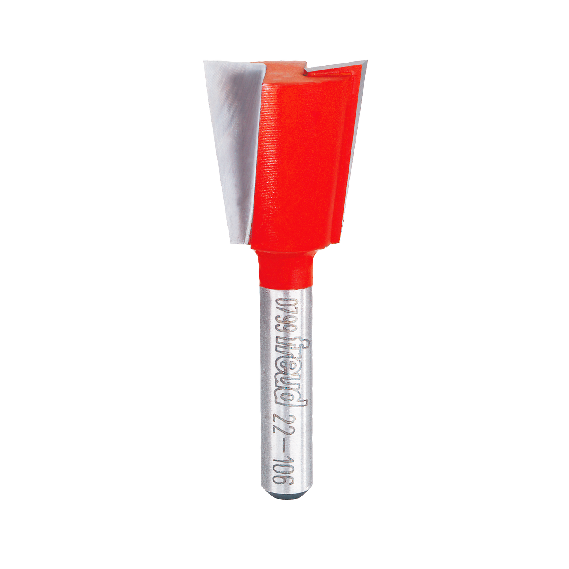 Red and silver dovetail router bit with angled cutting edges and cylindrical shank marked "Freud."