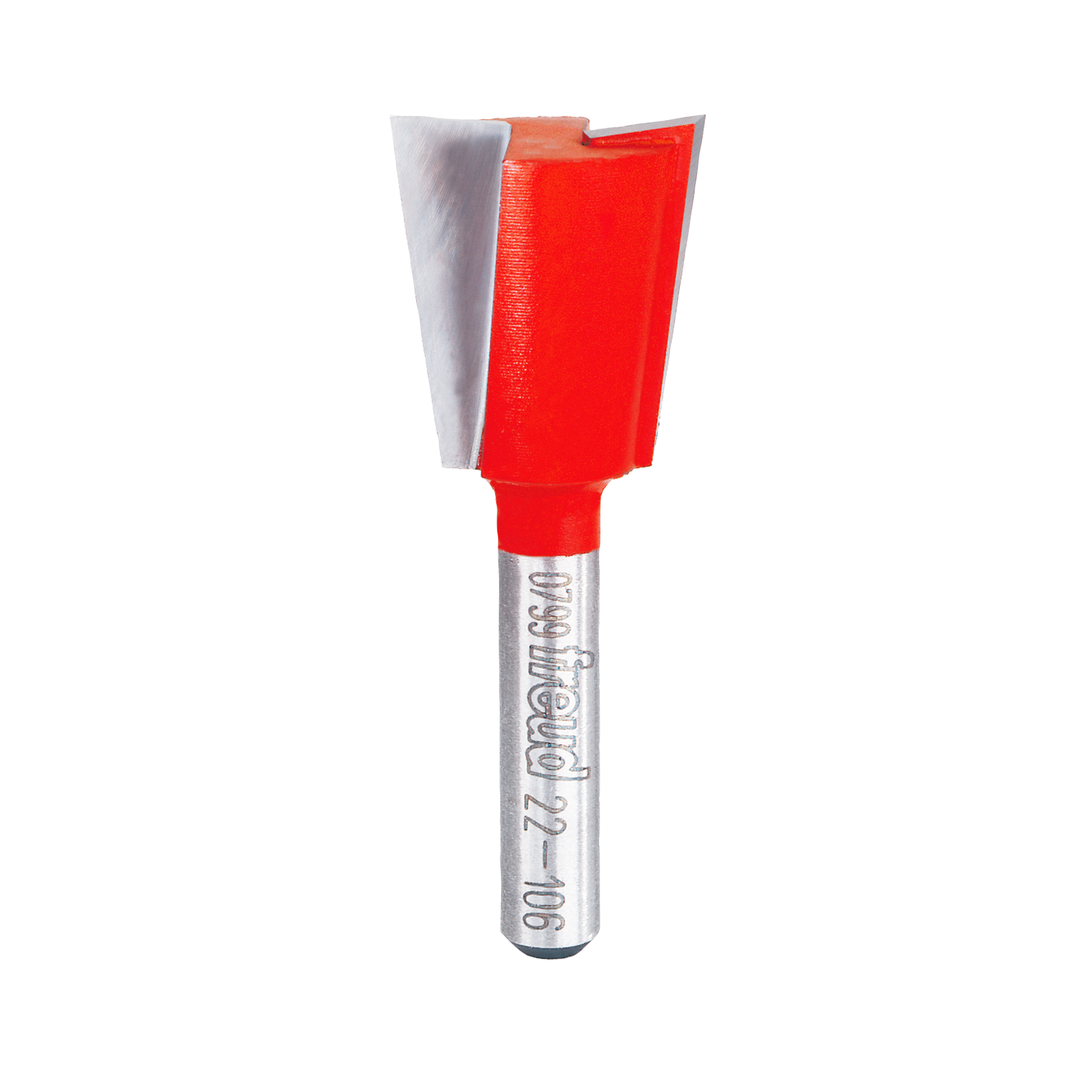 Red and silver dovetail router bit with angled cutting edges and cylindrical shank marked "Freud."
