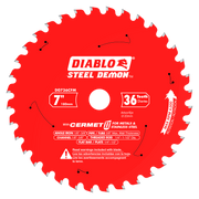 Red circular saw blade with 36 carbide teeth, 7-inch diameter, white center arbor hole, and Steel Demon branding.