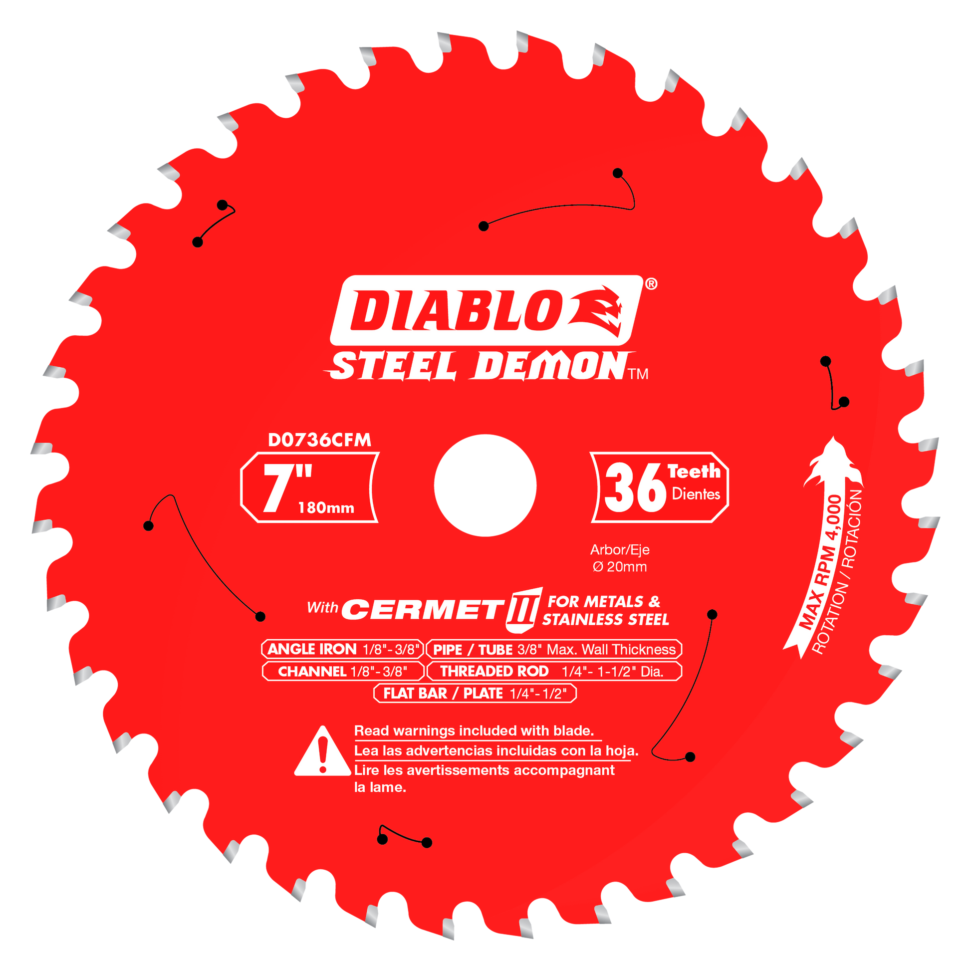 Red circular saw blade with 36 carbide teeth, 7-inch diameter, white center arbor hole, and Steel Demon branding.