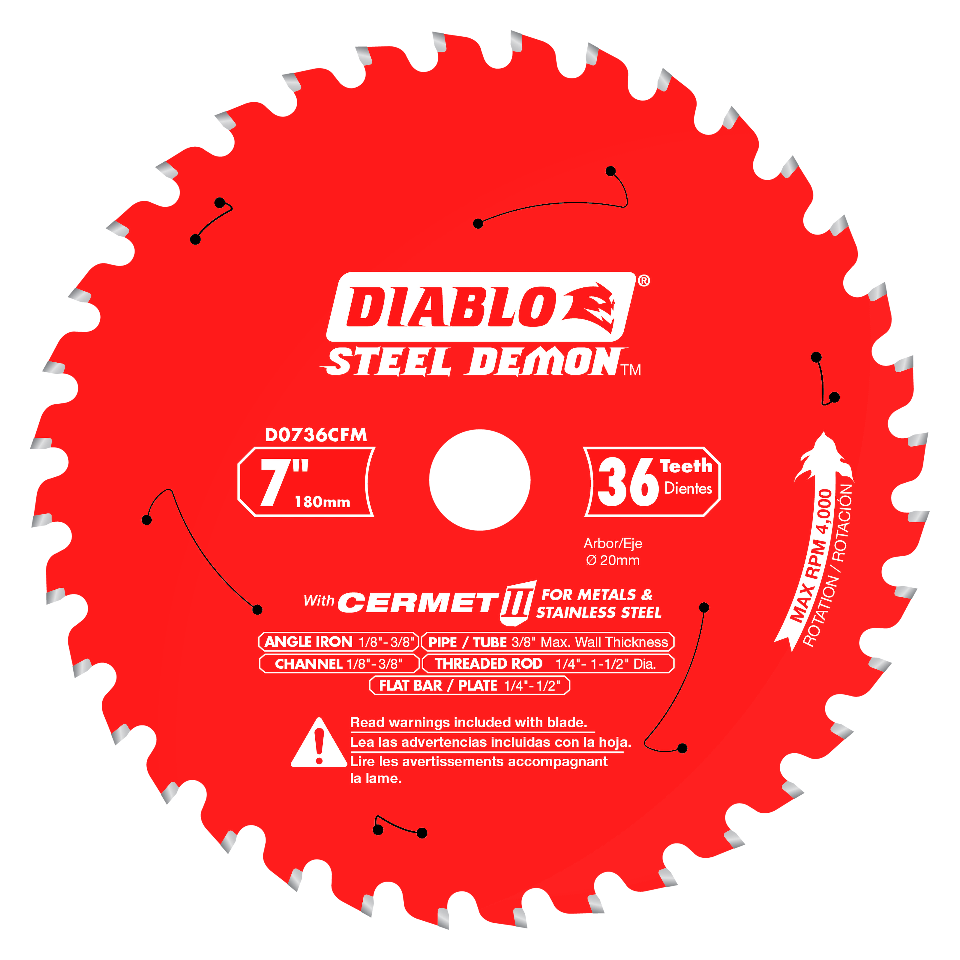 Red circular saw blade with 36 carbide teeth, 7-inch diameter, white center arbor hole, and Steel Demon branding.