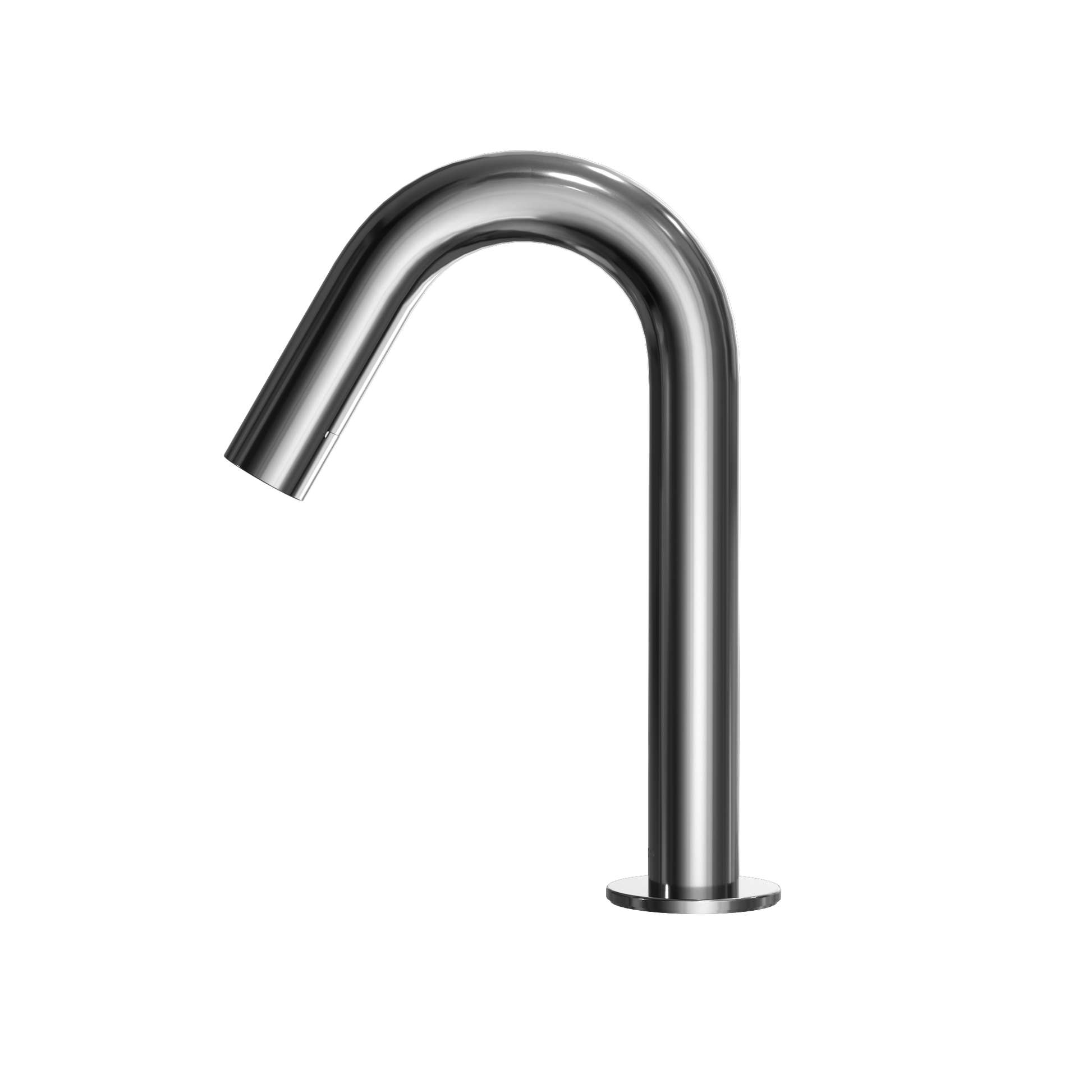 Polished chrome touchless bathroom faucet with curved spout and circular base.