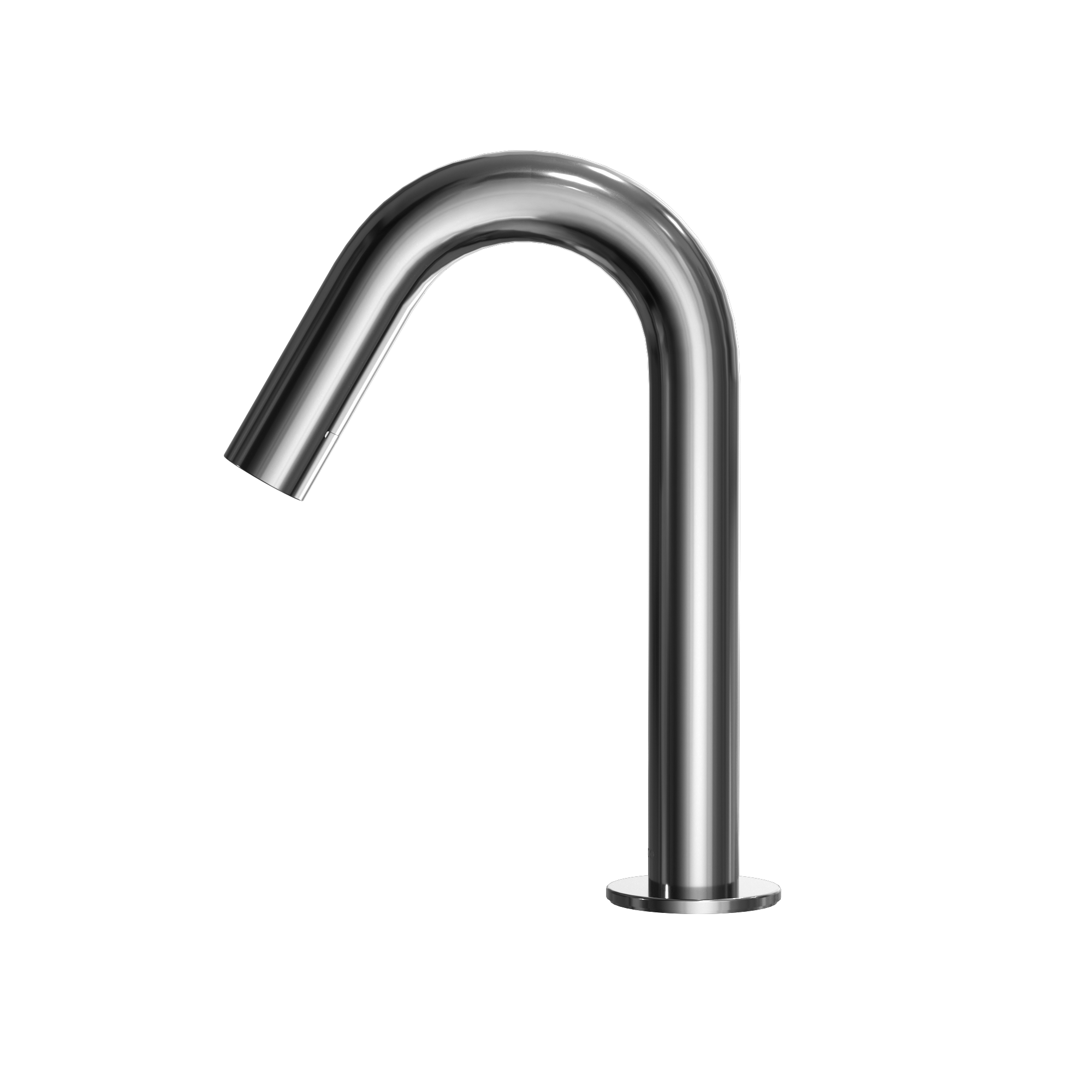 Polished chrome touchless bathroom faucet with curved spout and round base.