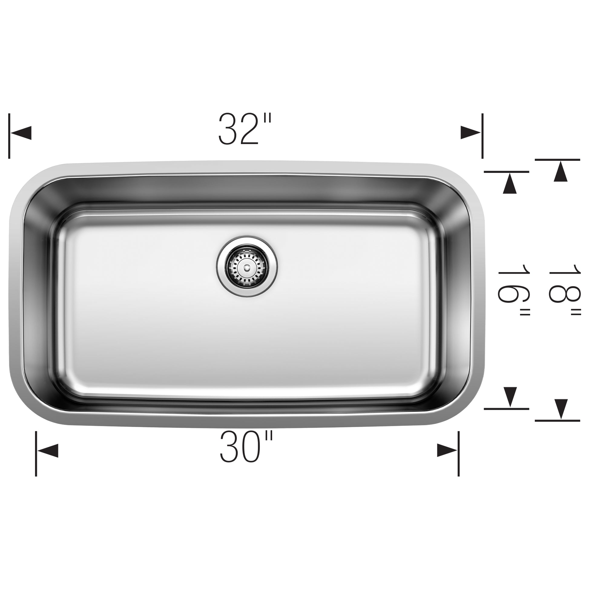Stainless steel undermount kitchen sink with single basin, rounded corners, and drain, measuring 32 inches wide.