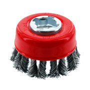 Red knot cup brush with carbon steel bristles and X-LOCK mounting interface.
