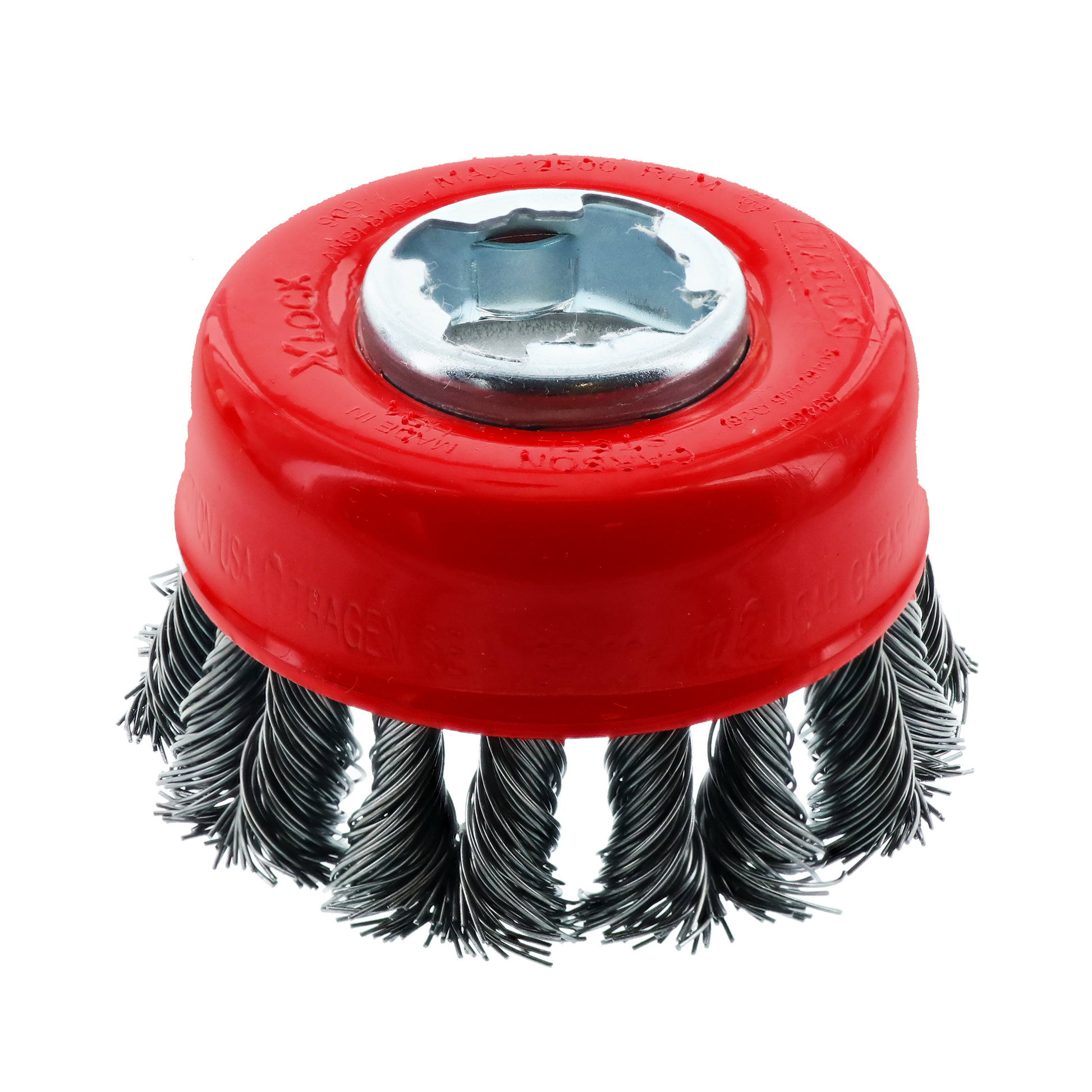 Red knot cup brush with carbon steel bristles and X-LOCK mounting interface.