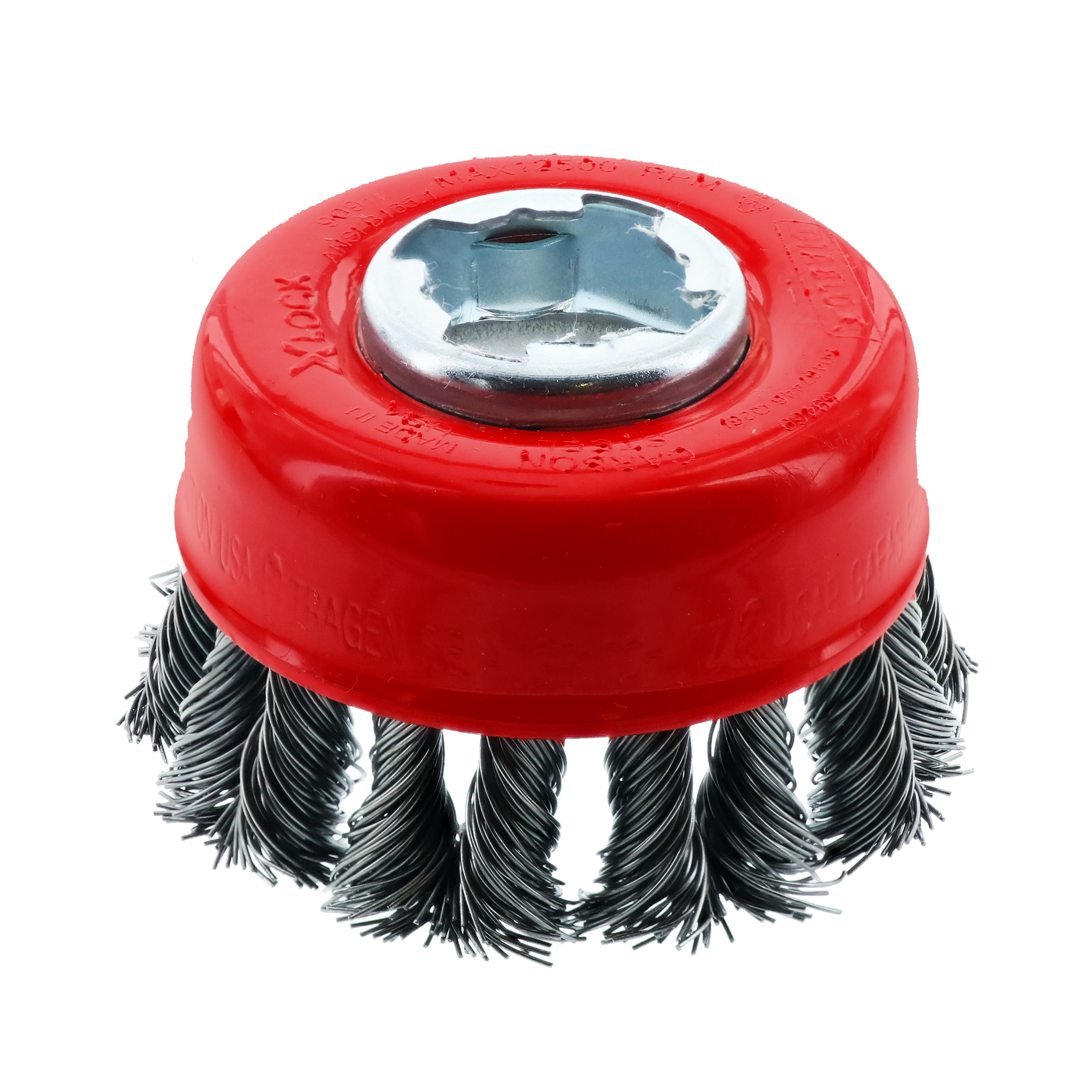 Red knot cup brush with carbon steel bristles and X-LOCK mounting interface.