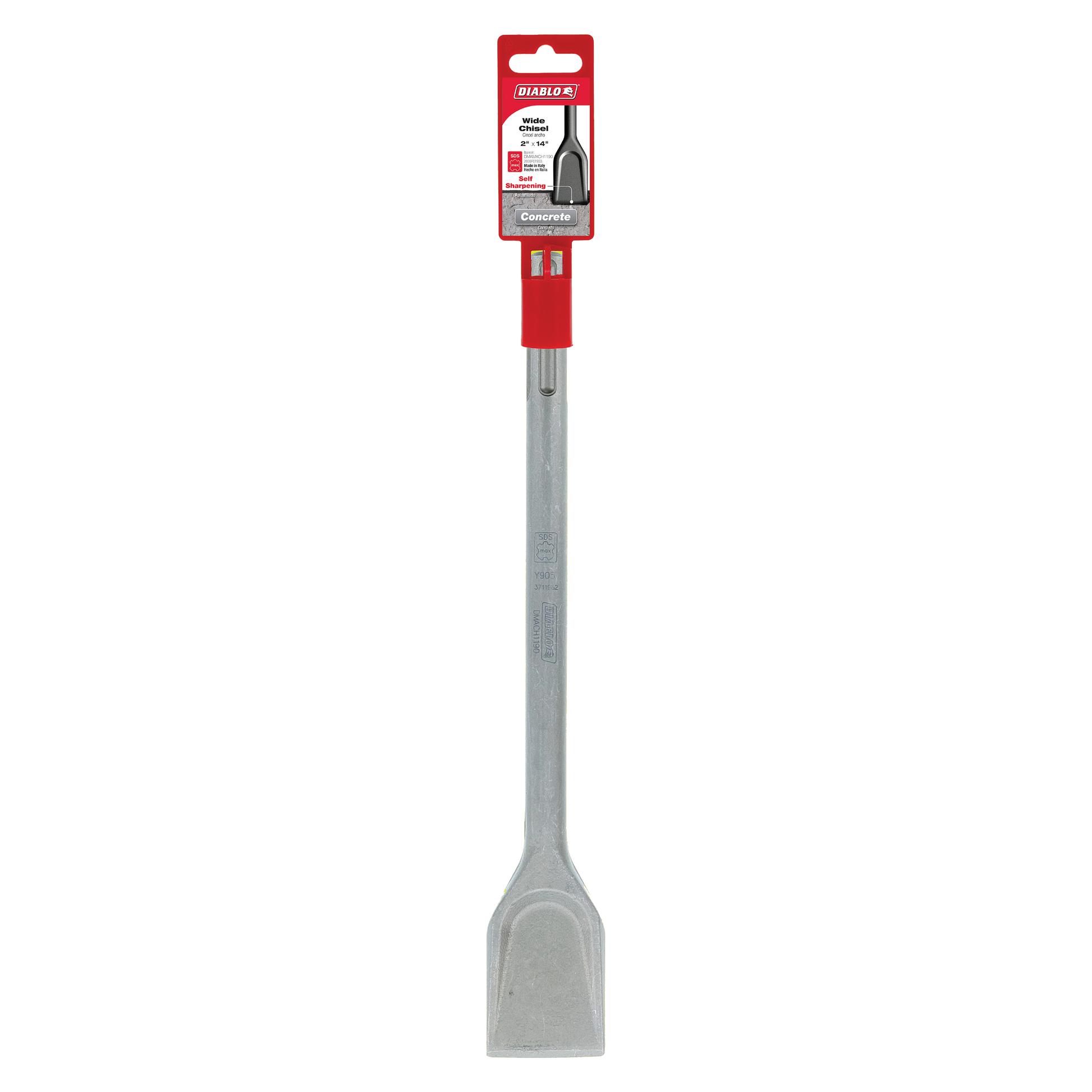 Diablo SDS-Max wide chisel with red grip handle and metal shaft for concrete work.