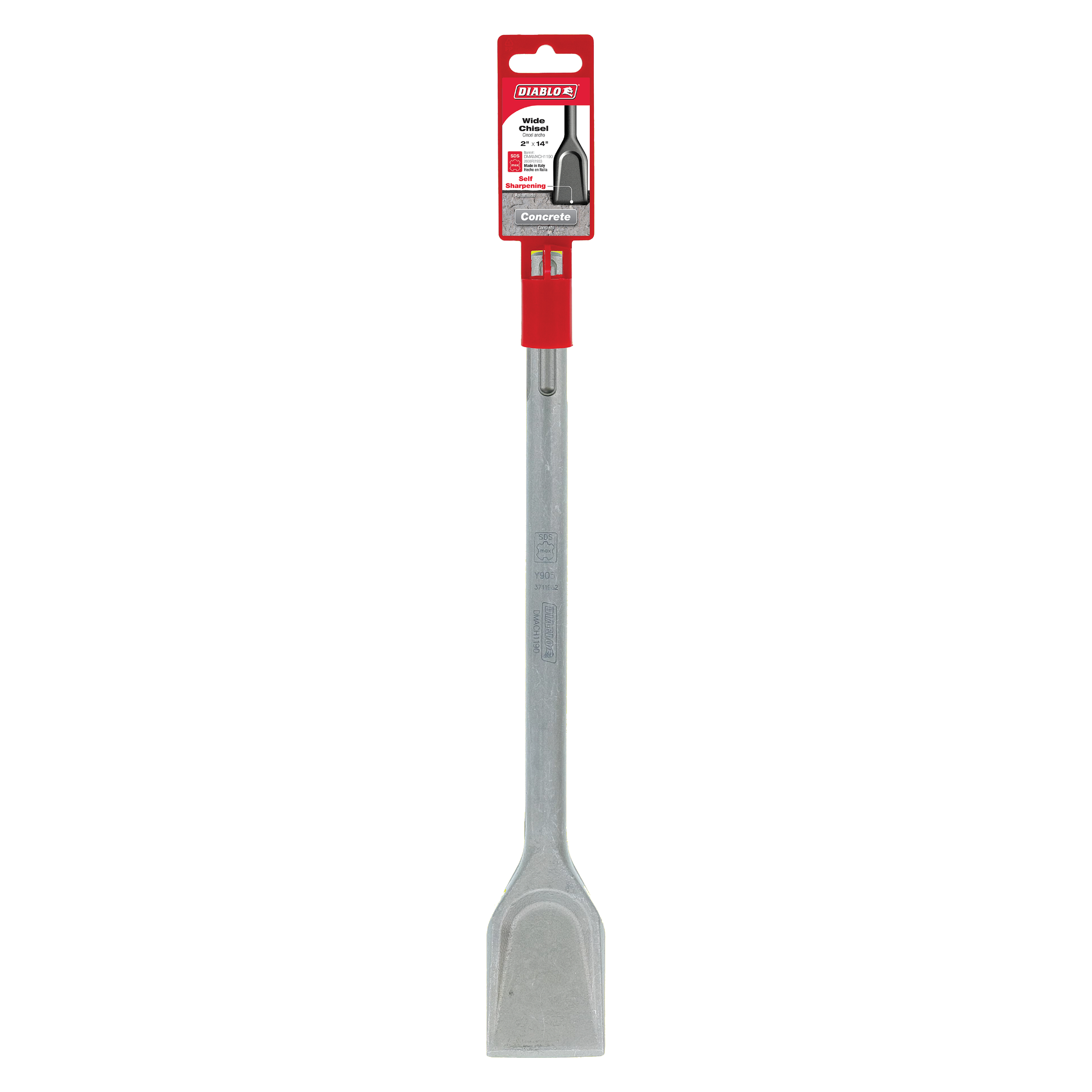 Diablo SDS-Max wide chisel with red grip handle and metal shaft for concrete work.