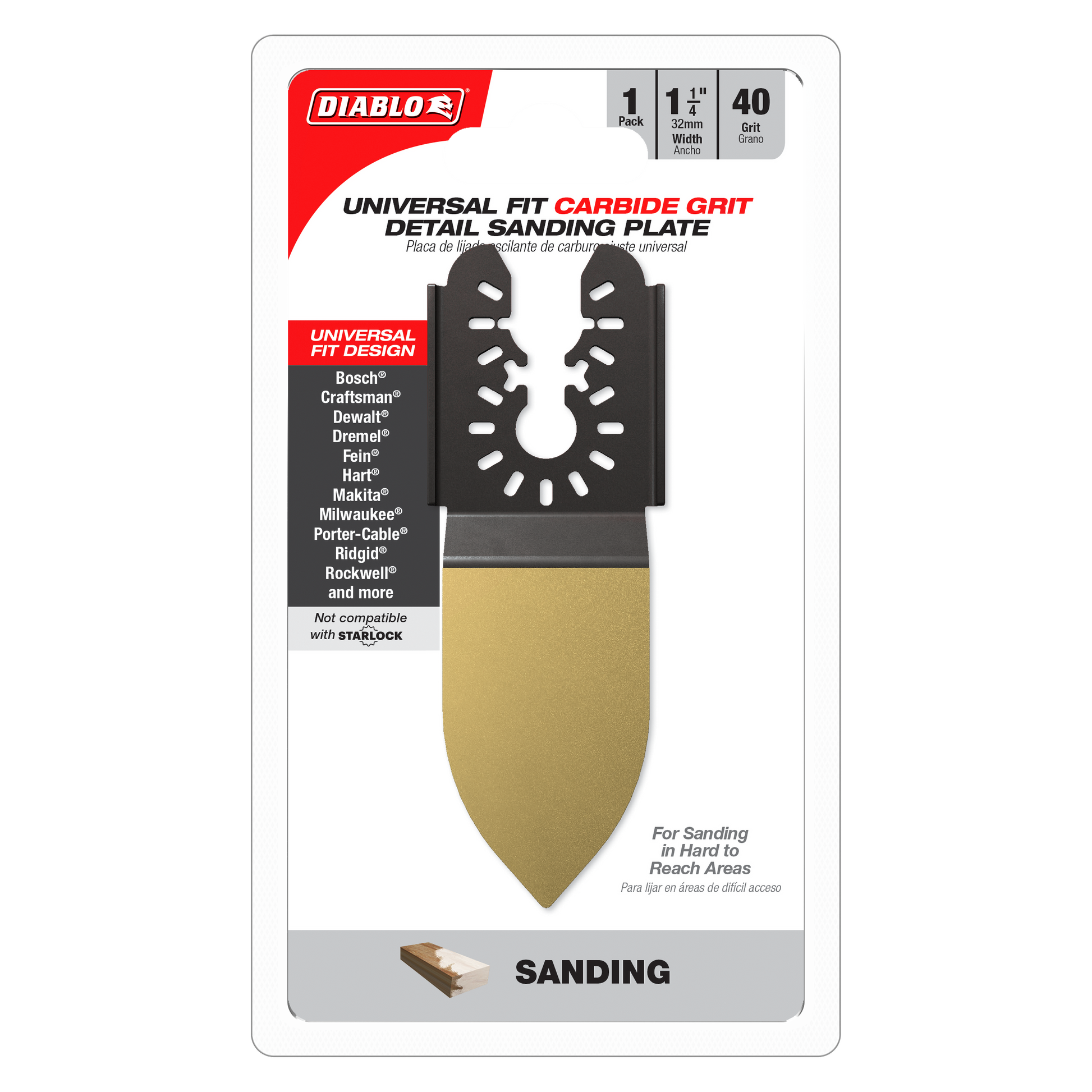 Diablo 1-1/4 inch carbide grit oscillating detail sanding plate with pointed tan base and black perforated head.