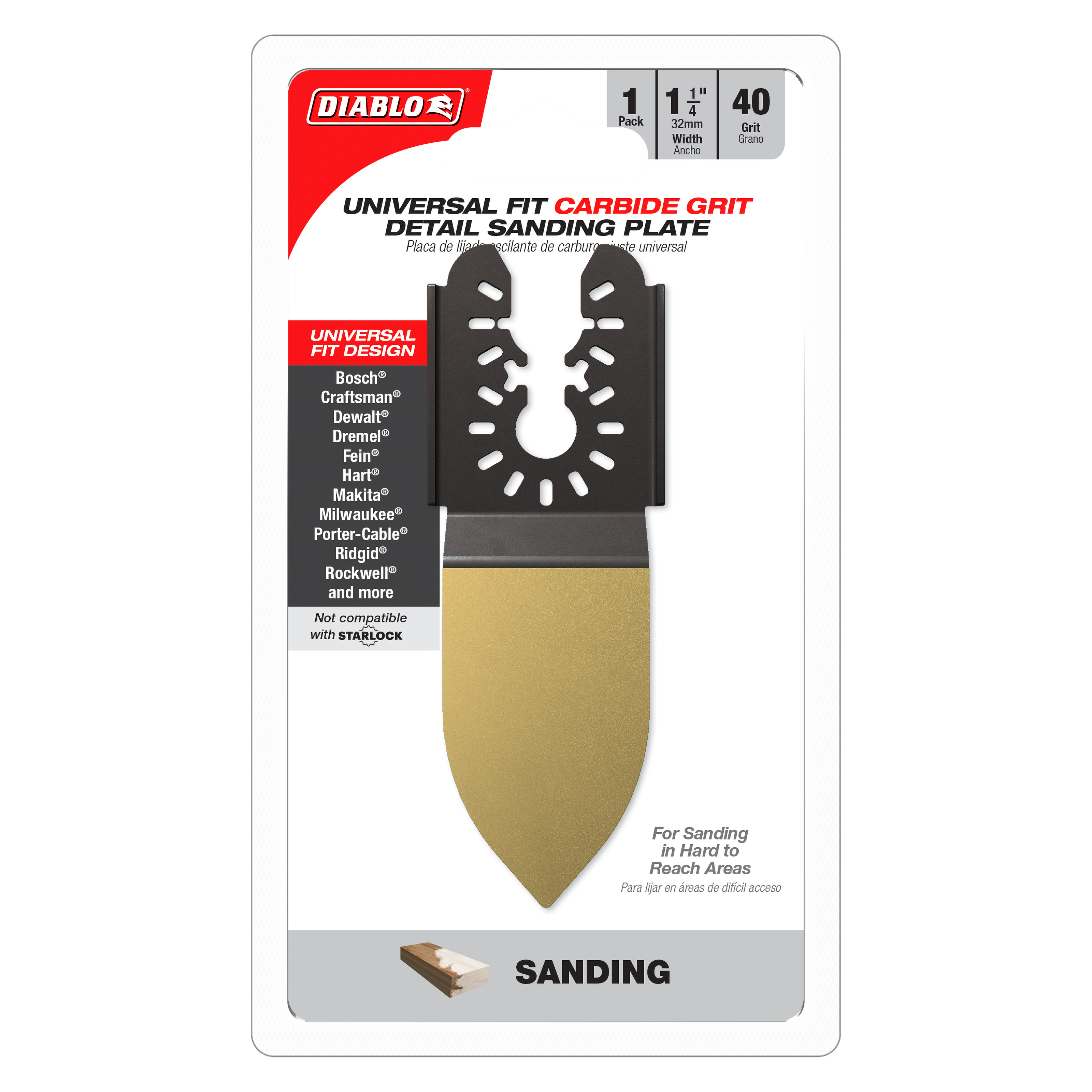 Diablo 1-1/4 inch carbide grit oscillating detail sanding plate with pointed tan base and black perforated head.
