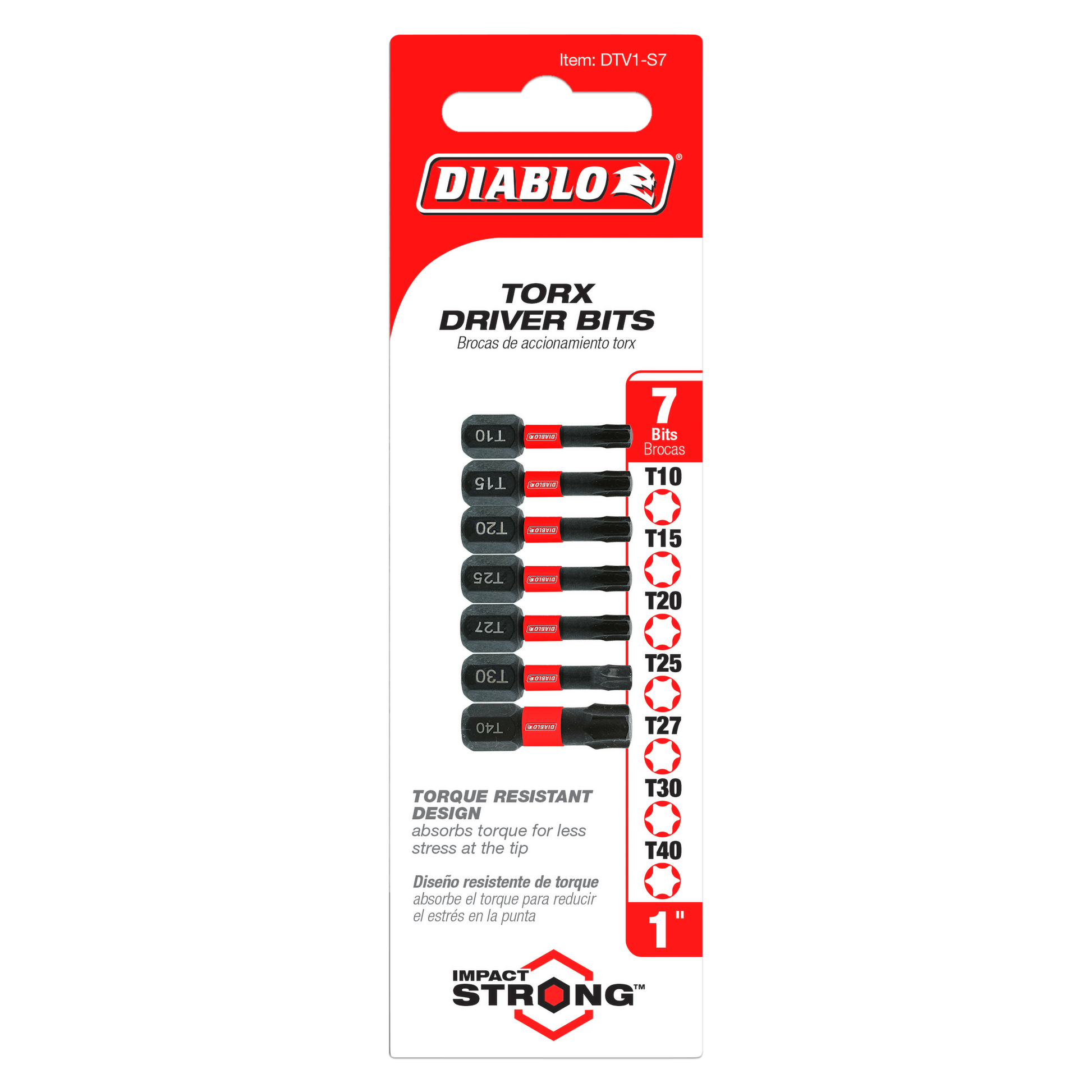 Seven black Torx drive bits with red bands in sizes T10, T15, T20, T25, T27, T30, and T40 on red and white packaging.