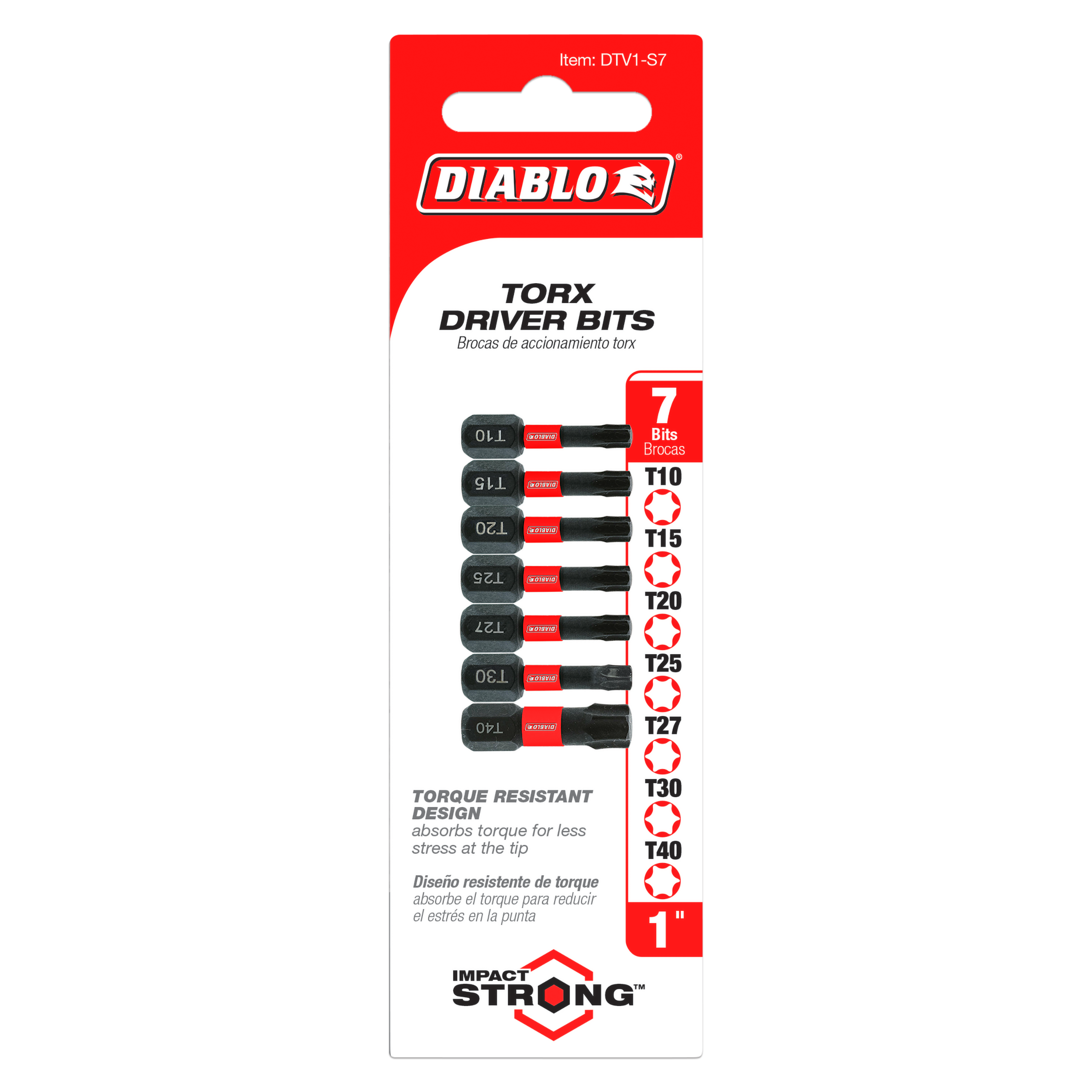 Seven black Torx drive bits with red bands in sizes T10, T15, T20, T25, T27, T30, and T40 on red and white packaging.