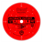 12" red circular saw blade with 96 teeth, 1" arbor, labeled "Freud Industrial Ultimate Cutoff" for crosscutting.