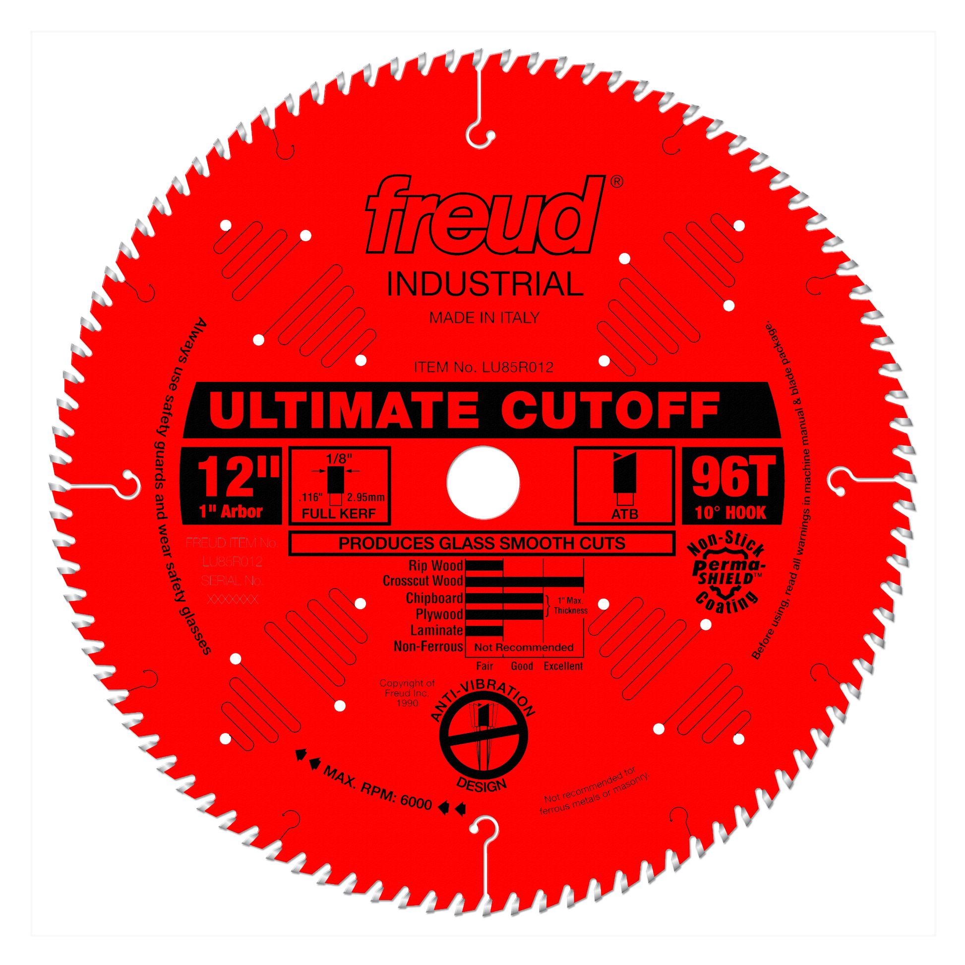 12" red circular saw blade with 96 teeth, 1" arbor, labeled "Freud Industrial Ultimate Cutoff" for crosscutting.