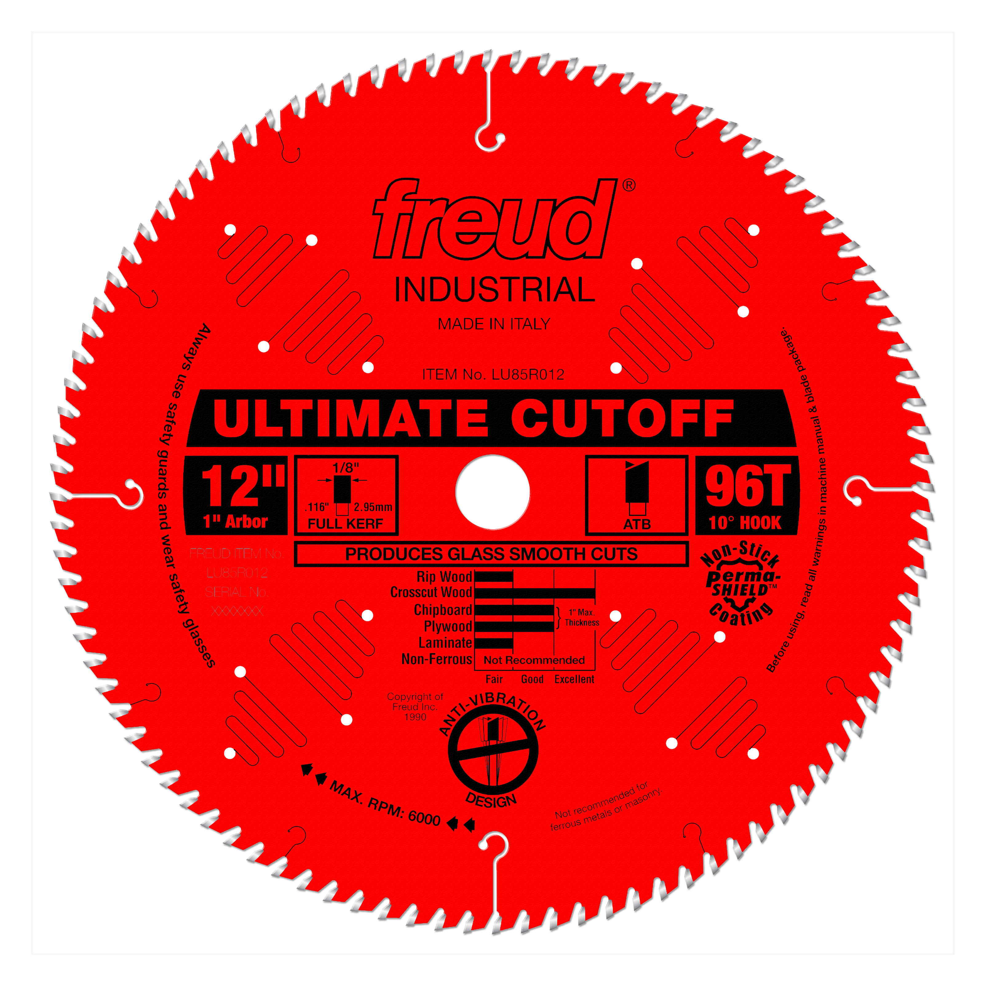 12" red circular saw blade with 96 teeth, 1" arbor, labeled "Freud Industrial Ultimate Cutoff" for crosscutting.