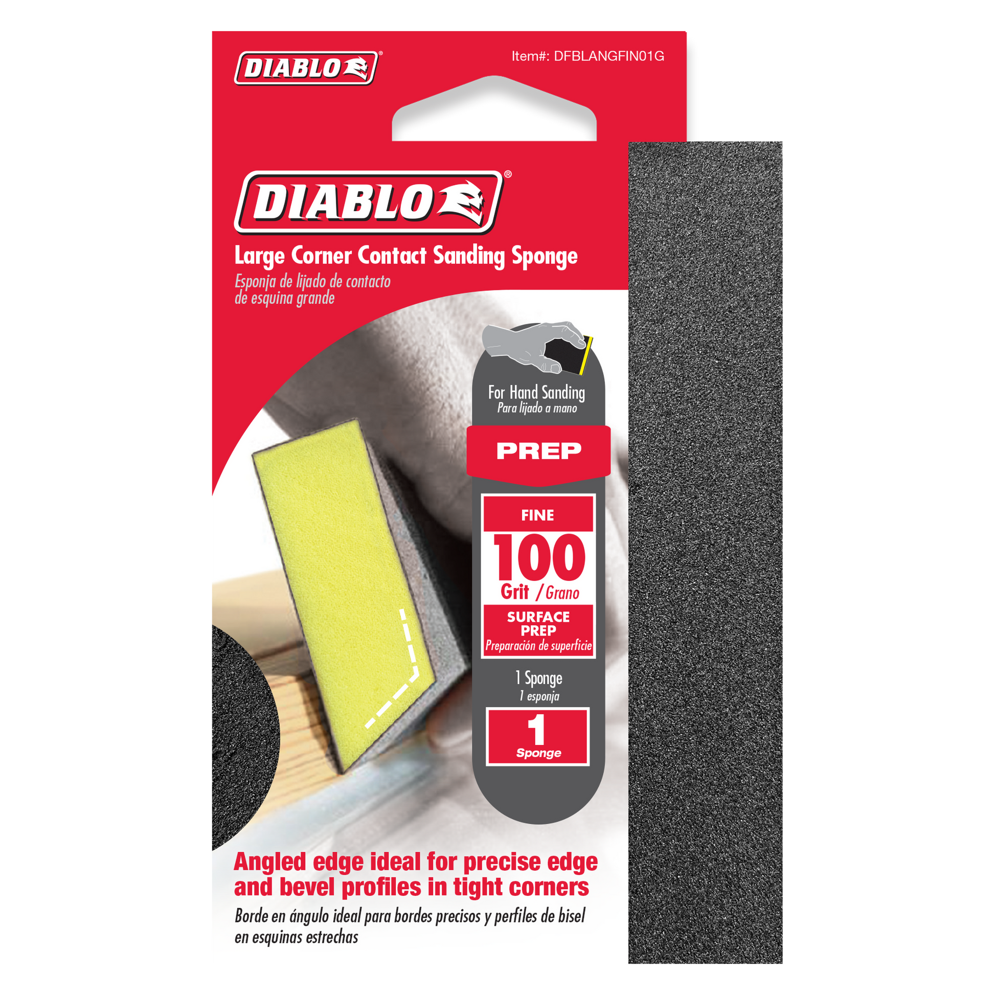Diablo corner contact sanding sponge with yellow-green and gray surfaces, 100-grit fine grit rating visible on packaging.