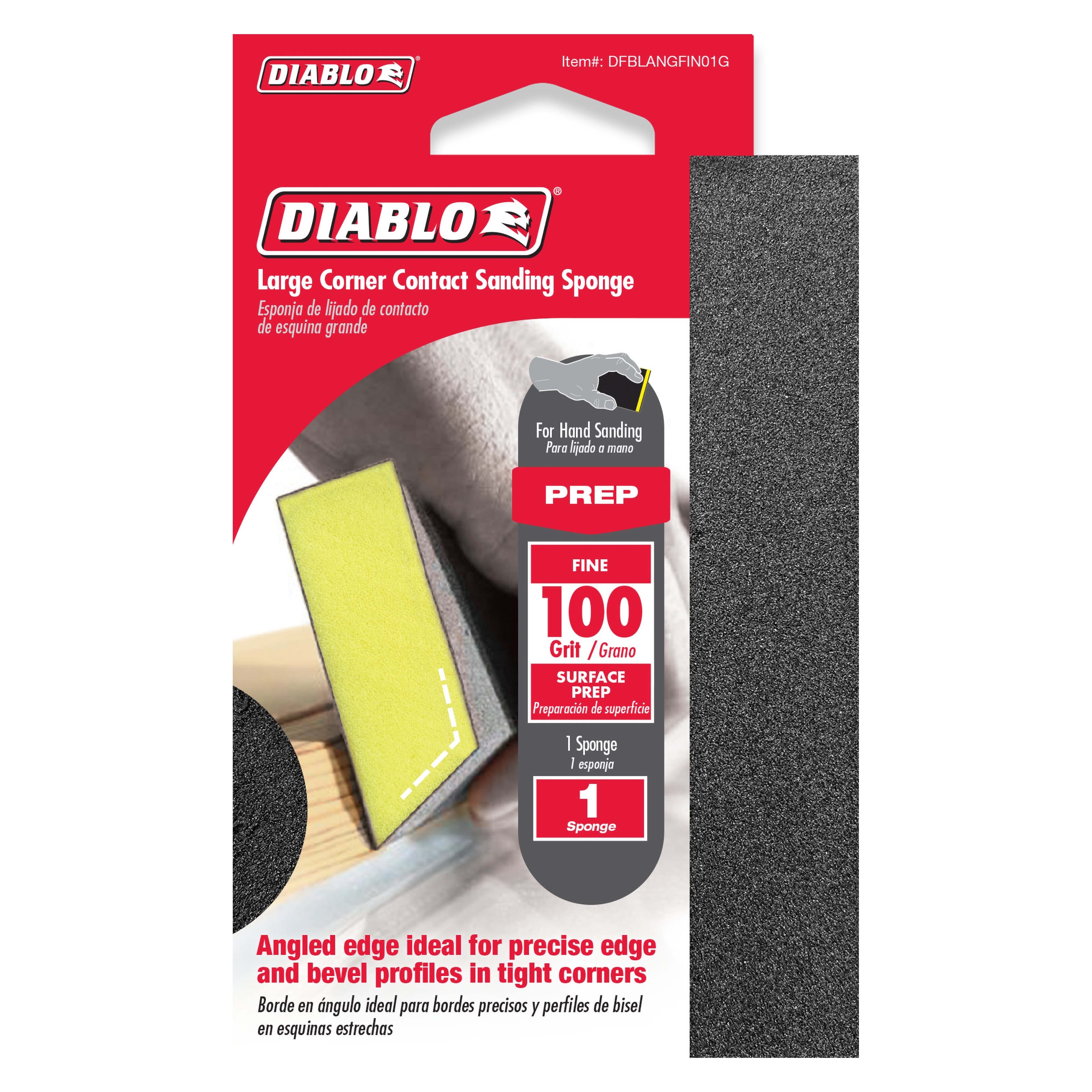 Diablo corner contact sanding sponge with yellow-green and gray surfaces, 100-grit fine grit rating visible on packaging.