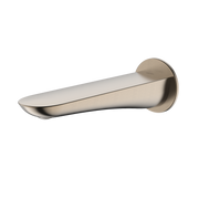 Brushed nickel wall-mounted tub spout with curved tapered spout and circular flange.