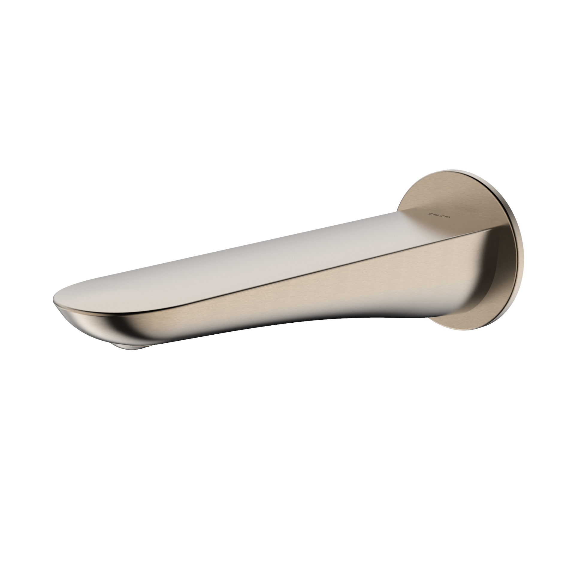 Brushed nickel wall-mounted tub spout with curved tapered spout and circular flange.