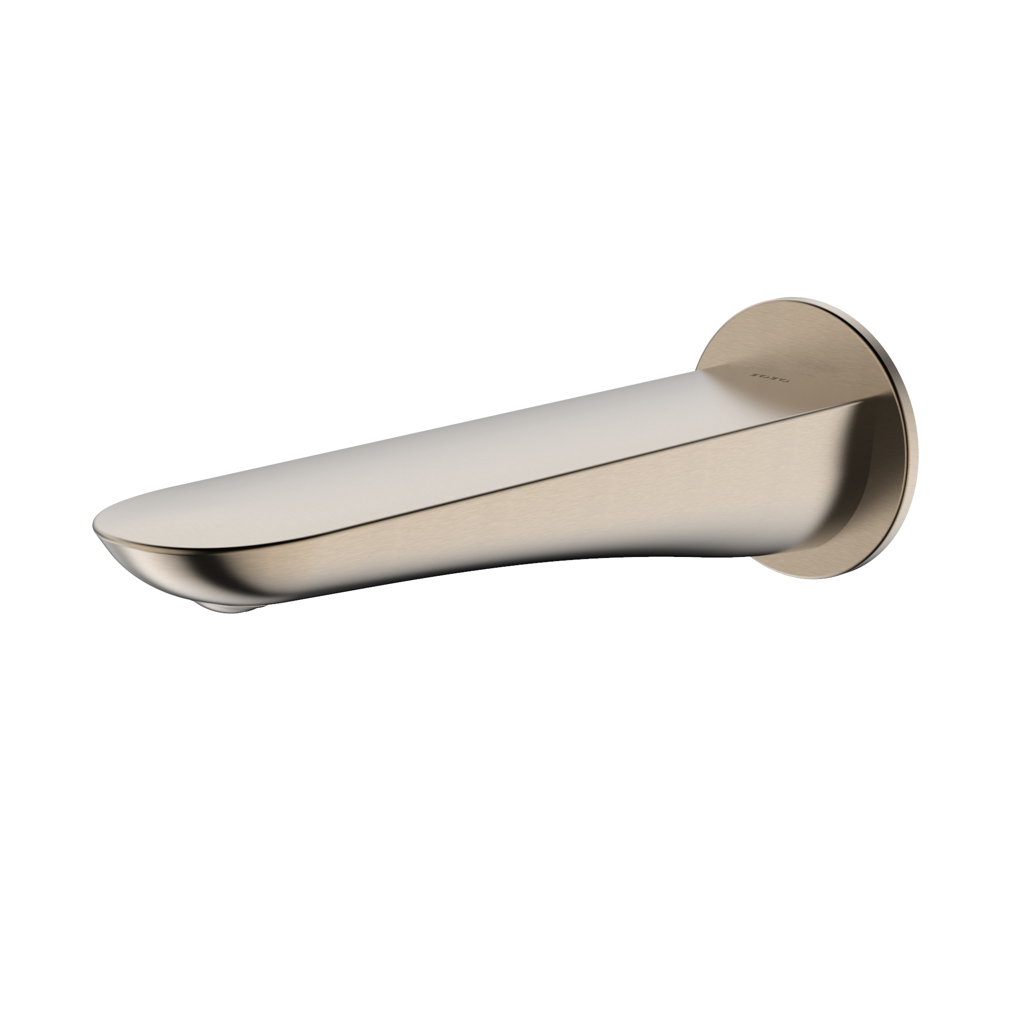 Brushed nickel wall-mounted tub spout with curved tapered spout and circular flange.