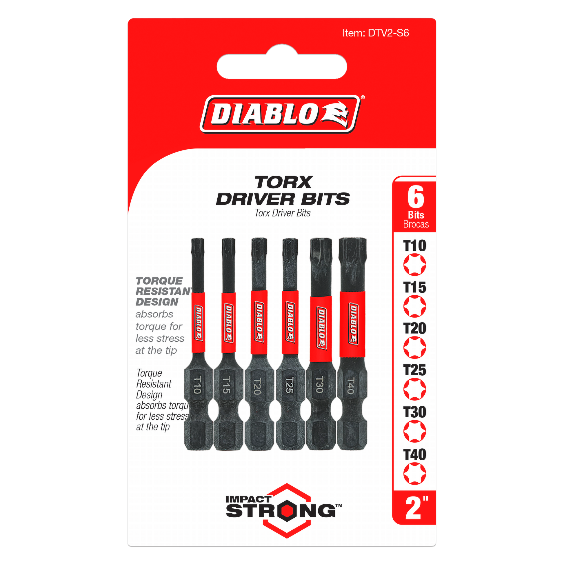 Six 2-inch Torx driver bits in sizes T10, T15, T20, T25, T30, and T40 with red and black handles.