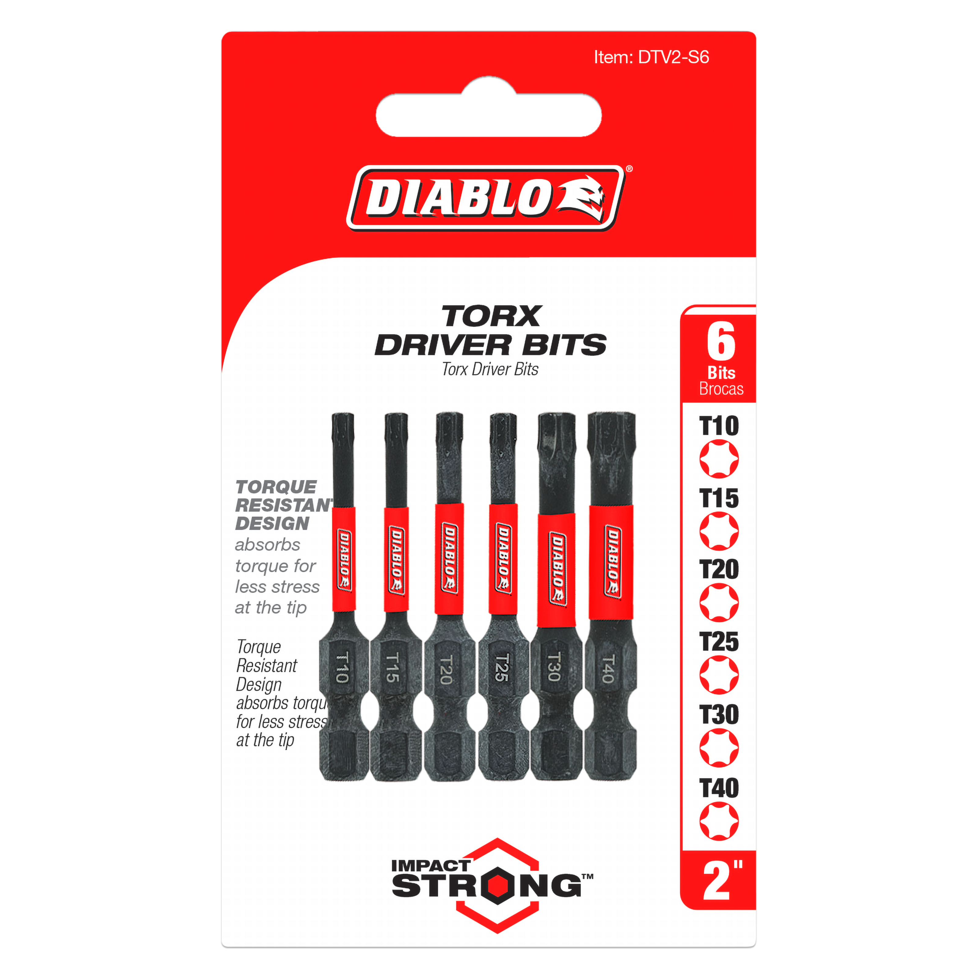 Six 2-inch Torx driver bits in sizes T10, T15, T20, T25, T30, and T40 with red and black handles.