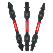 Three black double-ended drill bits with red bands labeled PH2, T25, and R2 drive types.