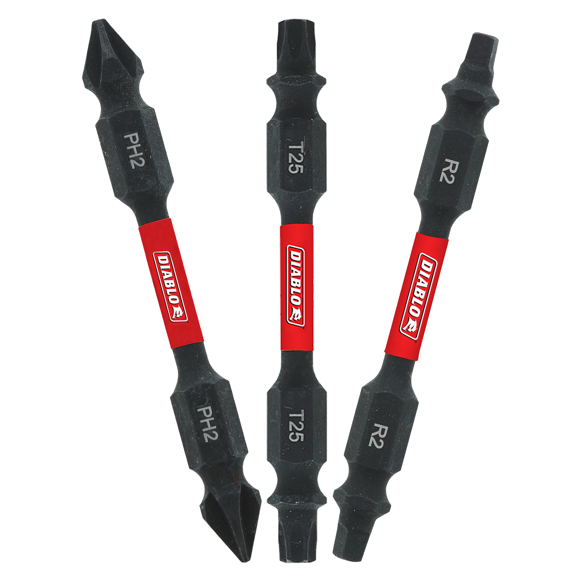 Three black double-ended drill bits with red bands labeled PH2, T25, and R2 drive types.