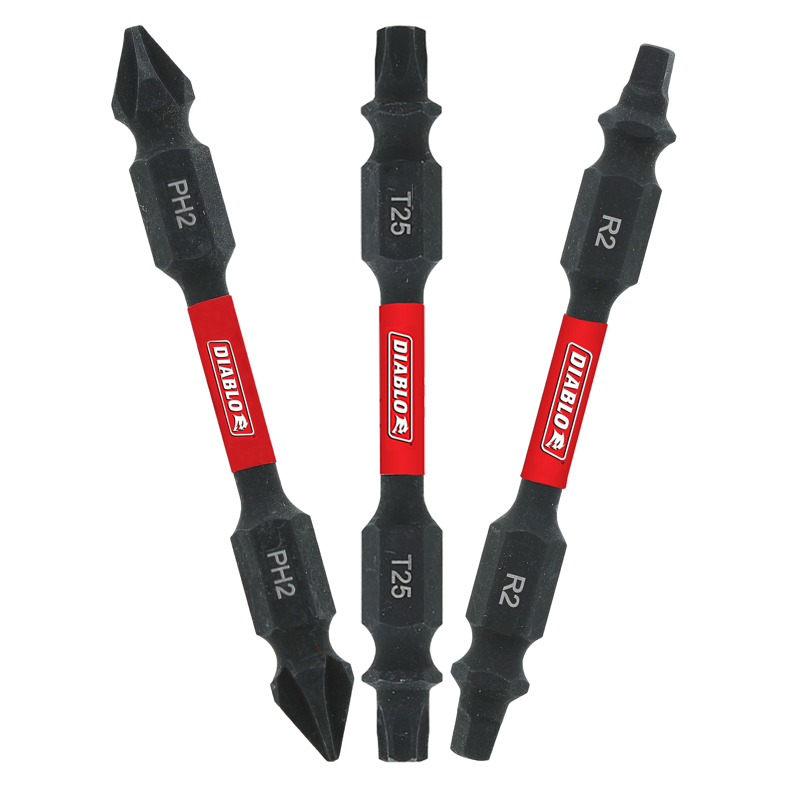 Three black double-ended drill bits with red bands labeled PH2, T25, and R2 drive types.