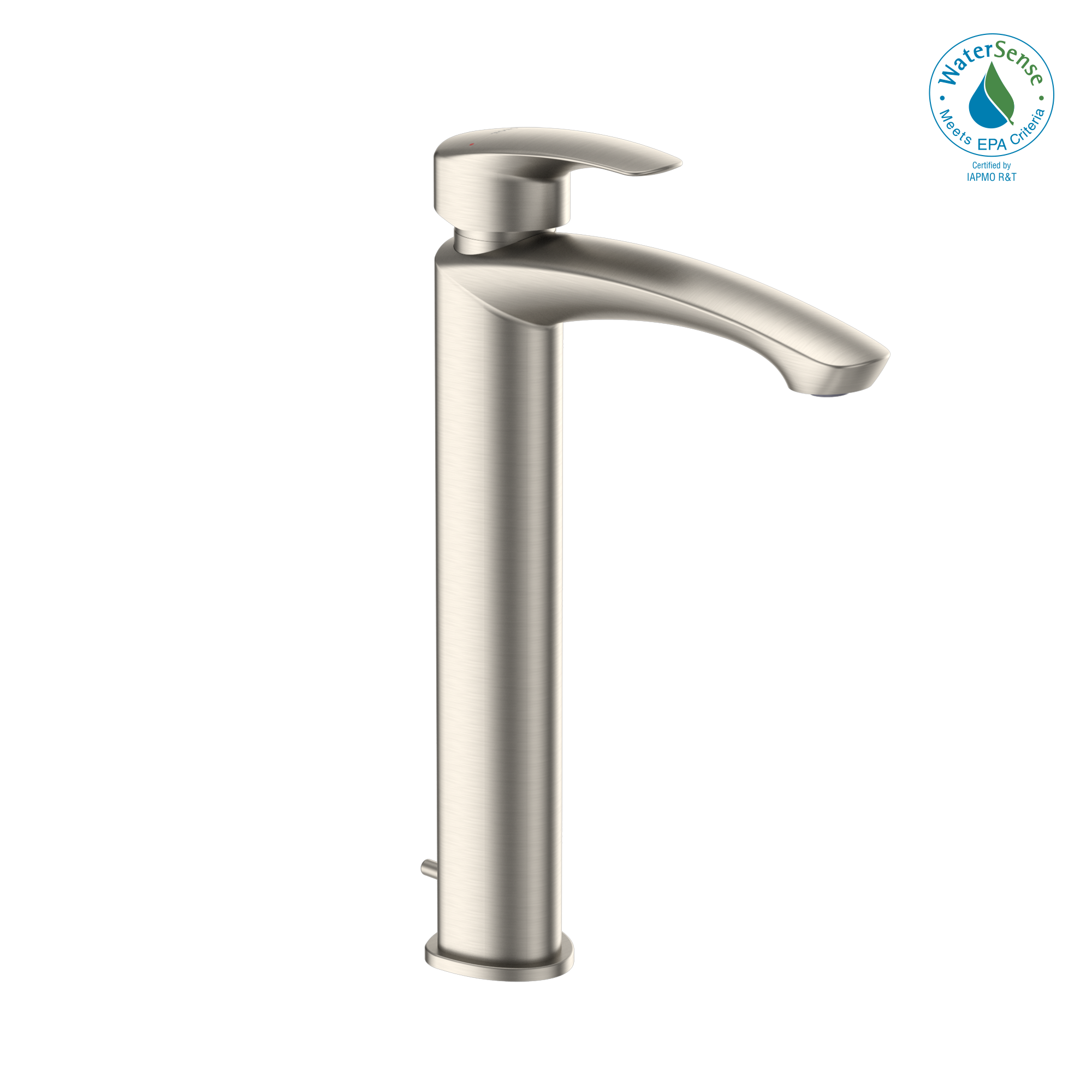 Brushed nickel single-handle vessel faucet with curved spout and lever handle in elevated tall design.