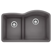 Cinder gray undermount kitchen sink with two basins of unequal size separated by low divider and chrome drain strainers.